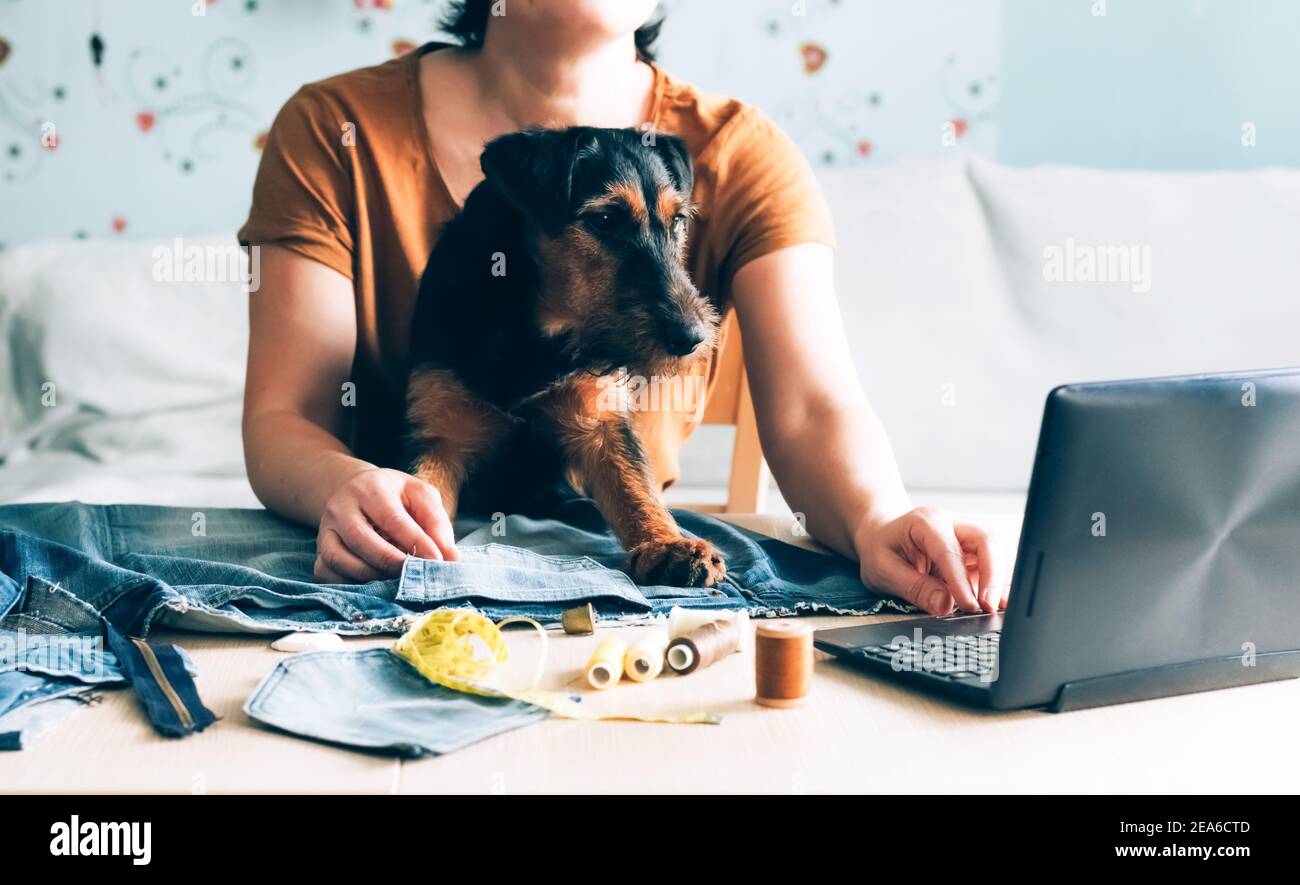 Eine Frau mit einem Haustier in den Armen lernt online Nähunterricht zu sehen. Konzept des trendigen Online-Lernens mit Kursen zu Hause. Hausgemachte Handlewo Stockfoto