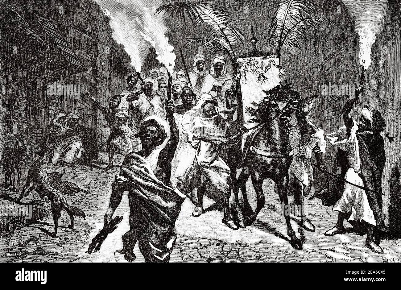 Die Braut wird von ihrem Mann Tanger nach Hause gebracht. Marokko, Nordafrika. Alte 19th Jahrhundert gravierte Illustration von El Mundo Ilustrado 1879 Stockfoto Die Braut wird von ihrem Mann Tanger nach Hause gebracht. Marokko, Nordafrika. Alte 19th Jahrhundert gravierte Illustration von El Mundo Ilustrado 1879 Stockfoto