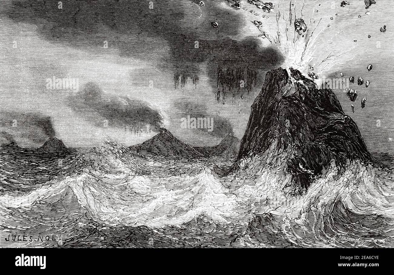 Alte neunzehnten Jahrhundert Illustration. Plutonische Höhen im Ozean. Alte 19th Jahrhundert gravierte Illustration von El Mundo Ilustrado 1879 Stockfoto