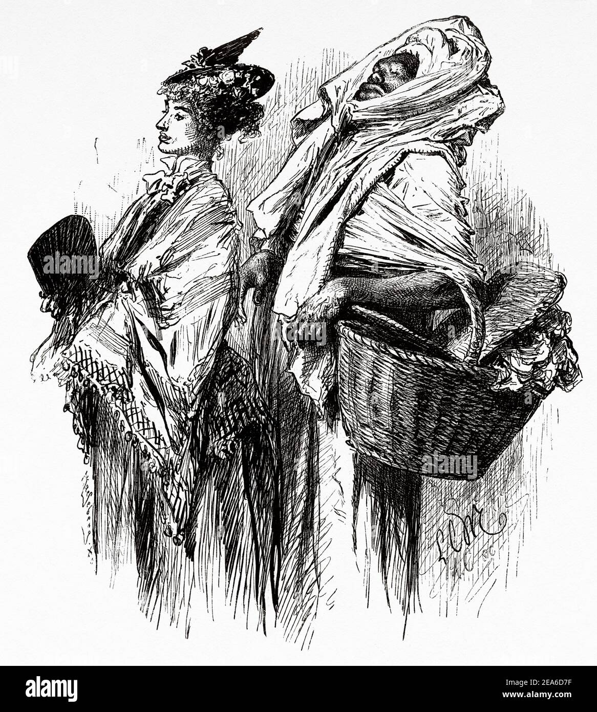 Europäische Dame von Alexandria mit ihrem schwarzen Diener. Alte Ägypten Geschichte. Alte 19th Jahrhundert gravierte Illustration von El Mundo Ilustrado 1879 Stockfoto