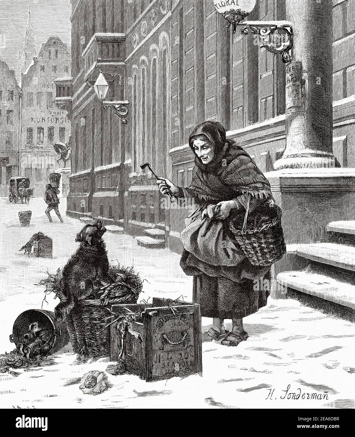 La trapera. Reisen arme Frau sammeln gebrauchte Kleidung von der Straße, Europa. Alte 19th Jahrhundert gravierte Illustration von El Mundo Ilustrado 1879 Stockfoto