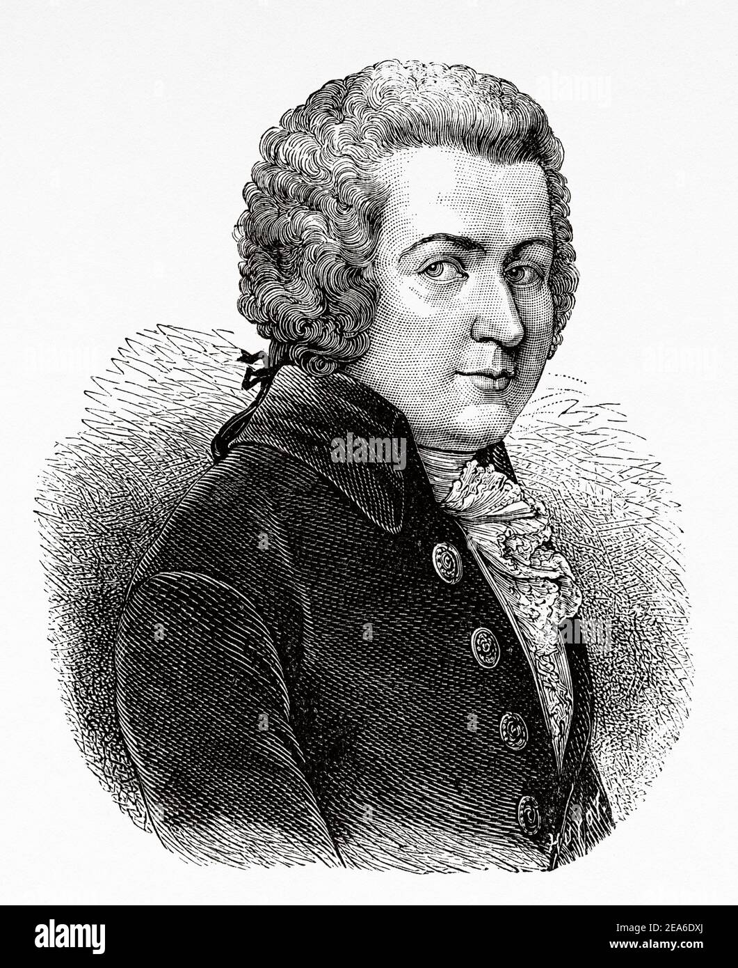 Portrait von Wolfgang Amadeus Mozart (1756-1791) Österreichischer Komponist und Musiker, Österreich, Europa. Alte 19th Jahrhundert gravierte Illustration von El Mundo Ilustrado 1879 Stockfoto