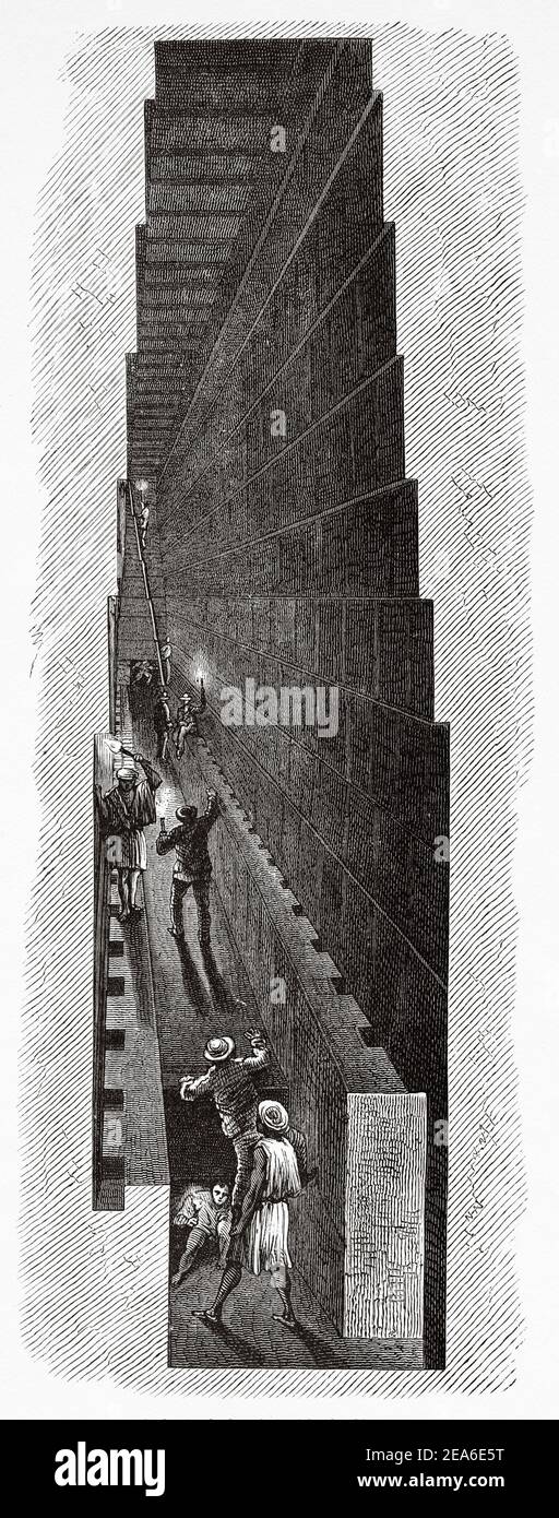 Die große Pyramide von Gizeh. Durchgang von der zweiten zur dritten Galerie in der Großen Pyramide, Gizeh. Alte Ägypten Geschichte. Alte 19th Jahrhundert gravierte Illustration von El Mundo Ilustrado 1879 Stockfoto