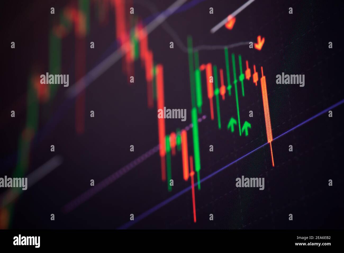 Hintergrund des Diagramms der Aktienmarktgrafik auf der LED-Anzeige. Handelskonzept Stockfoto