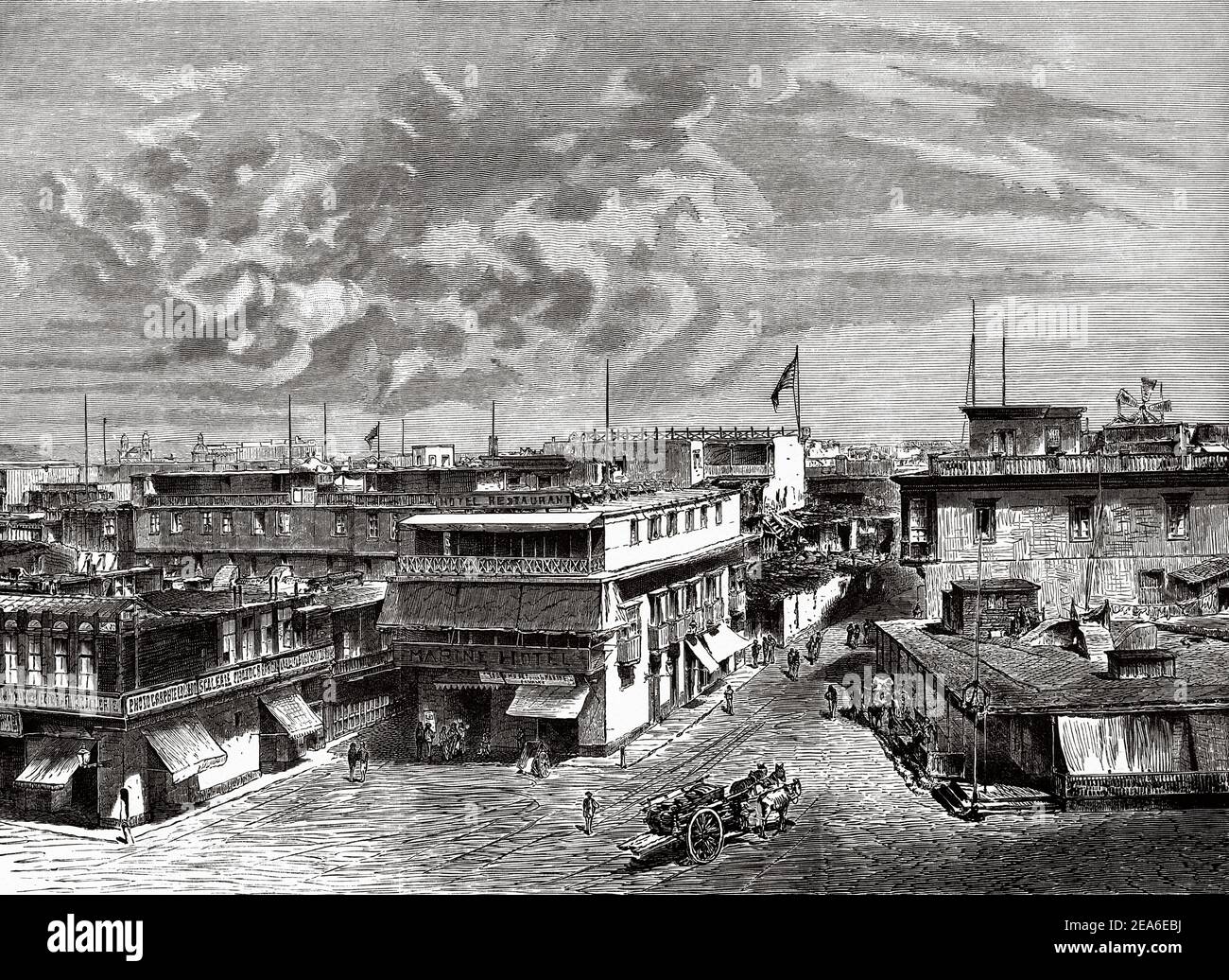 Straßenleben in der Hafenstraße in Callao, Lima metropoiitan Gegend, Peru, Südamerika. Alte 19th Jahrhundert gravierte Illustration von El Mundo Ilustrado 1879 Stockfoto