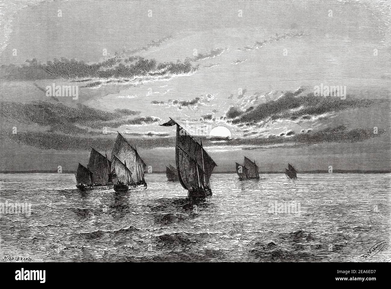 Antike Gravur aus dem 19. Jahrhundert, die Segelschiffe bei Sonnenuntergang vor der Küste Sansibars zeigt. Tansania, Afrika. Alte 19th Jahrhundert gravierte Illustration von El Mundo Ilustrado 1879 Stockfoto