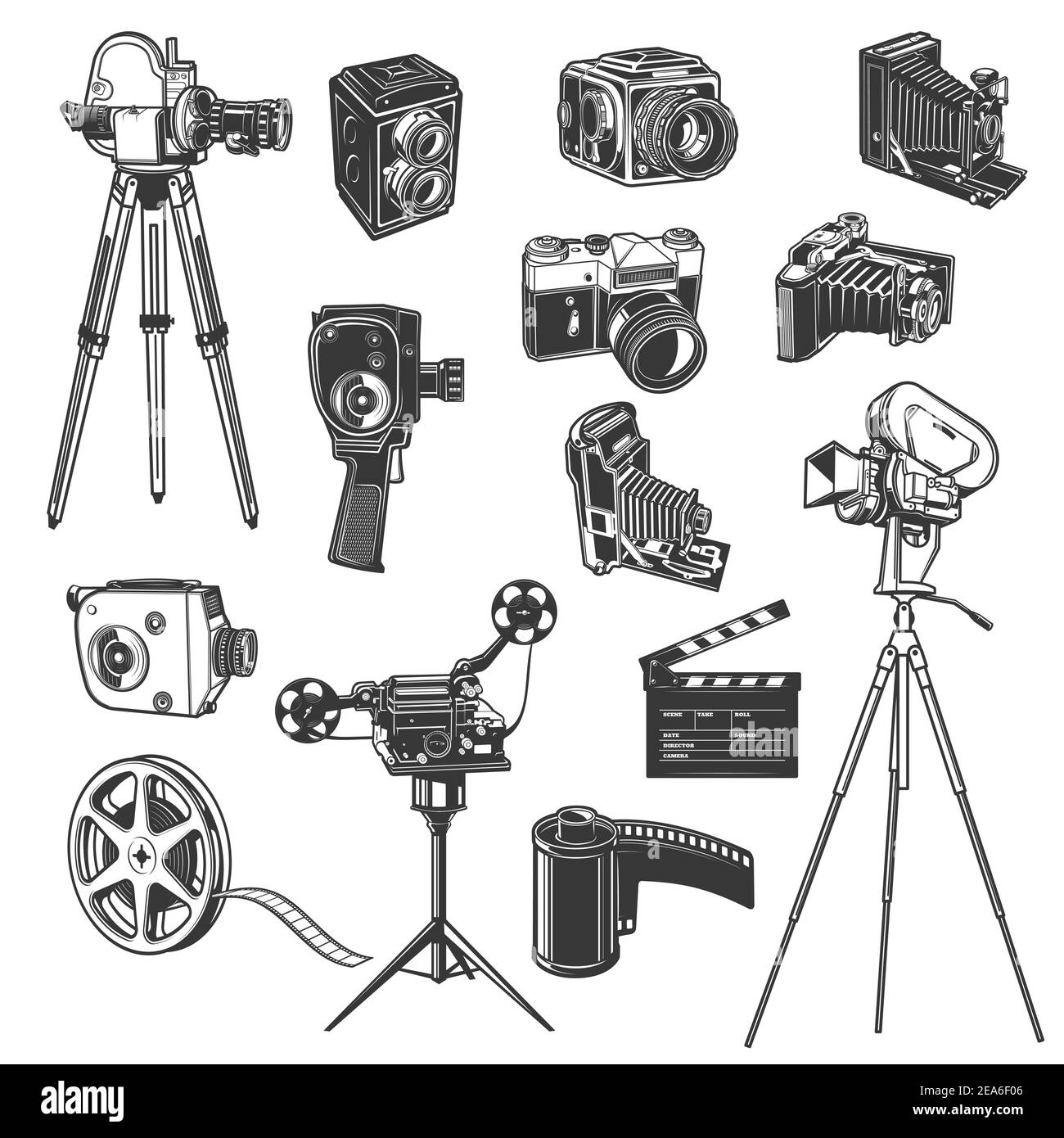 Filmstudio-Ausrüstung, Filmaufnahmen Retro Vektor-Ikonen, Vintage-Foto-und Videokamera, Film-Rolle und Klapper, Spule. Kino, Kino Stock Vektor