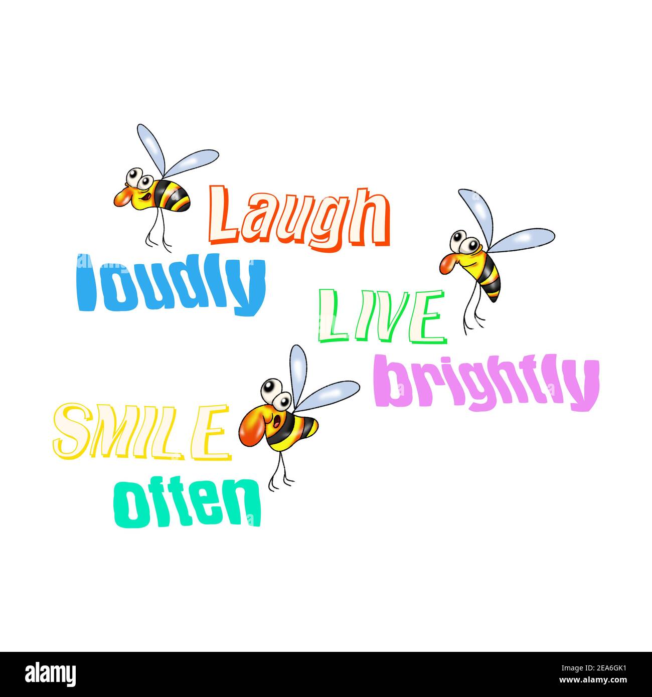 Cartoon positive Bienen. Lachen Sie laut, lächeln Sie öfter, leben Sie hell. Abbildung für den Druck.. Stockfoto