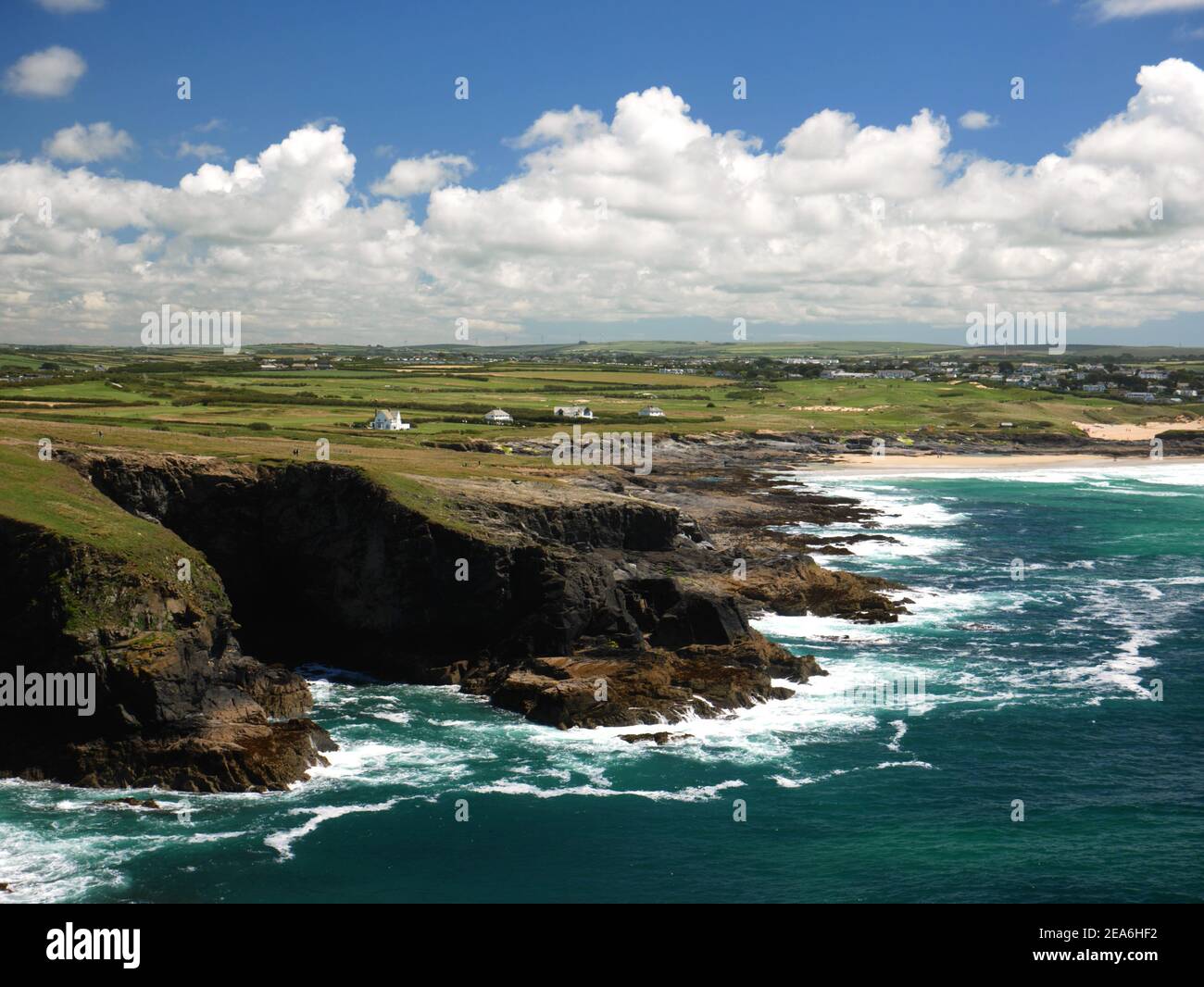 Booby's Bay und Constantine Bay von Trevose Head, Cornwall. Stockfoto