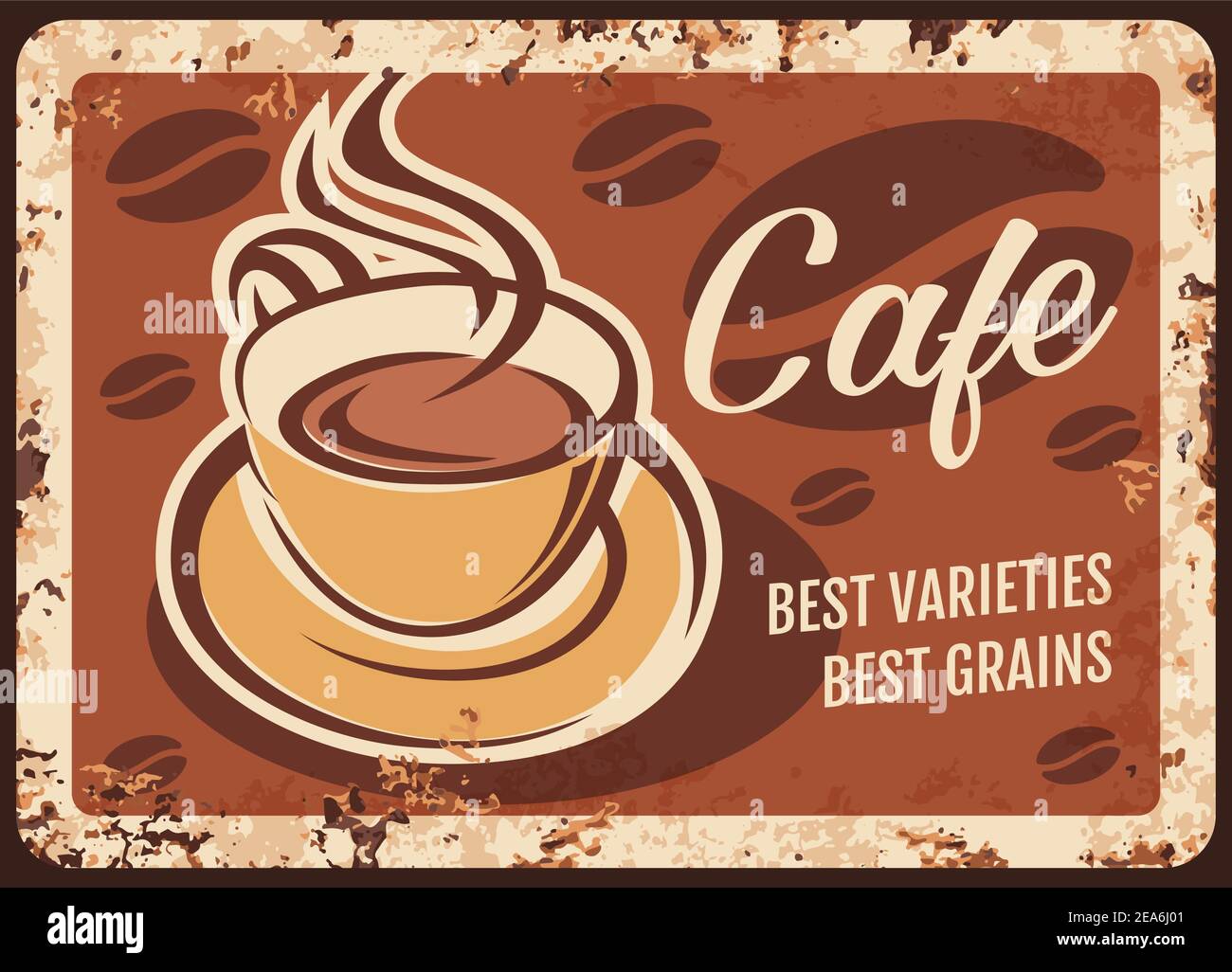 Dampfende Kaffeetasse mit frischem Getränk und Dampf rostigen Metallplatte. Vector Premium-Qualität Kaffee Getränk vintage Rost Zinn Zeichen. Werbepost im Retro-Stil Stock Vektor