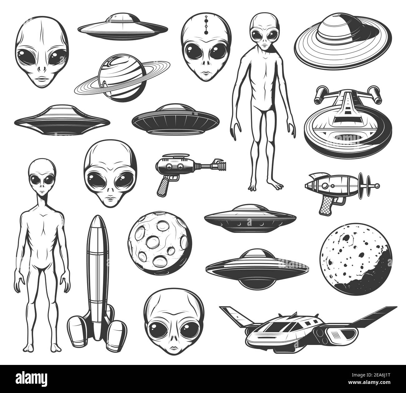 Aliens, ufo und Space Shuttles Vektor Retro-Symbole. Außerirdischer Comer mit langen Armen, schmaler Körper und riesigen Augen. Laserpistole, saturn Planet und spc Stock Vektor