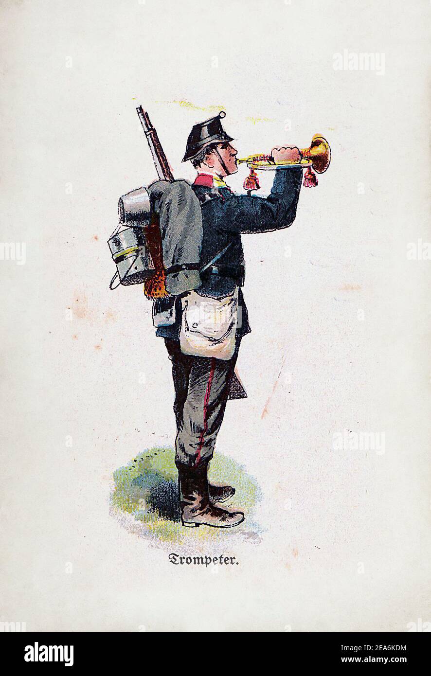 Die Schweizer Armee vor dem Ersten Weltkrieg Infanterie. Schweizer Trompeter. Schweizerische Eidgenossenschaft, 1910s Stockfoto