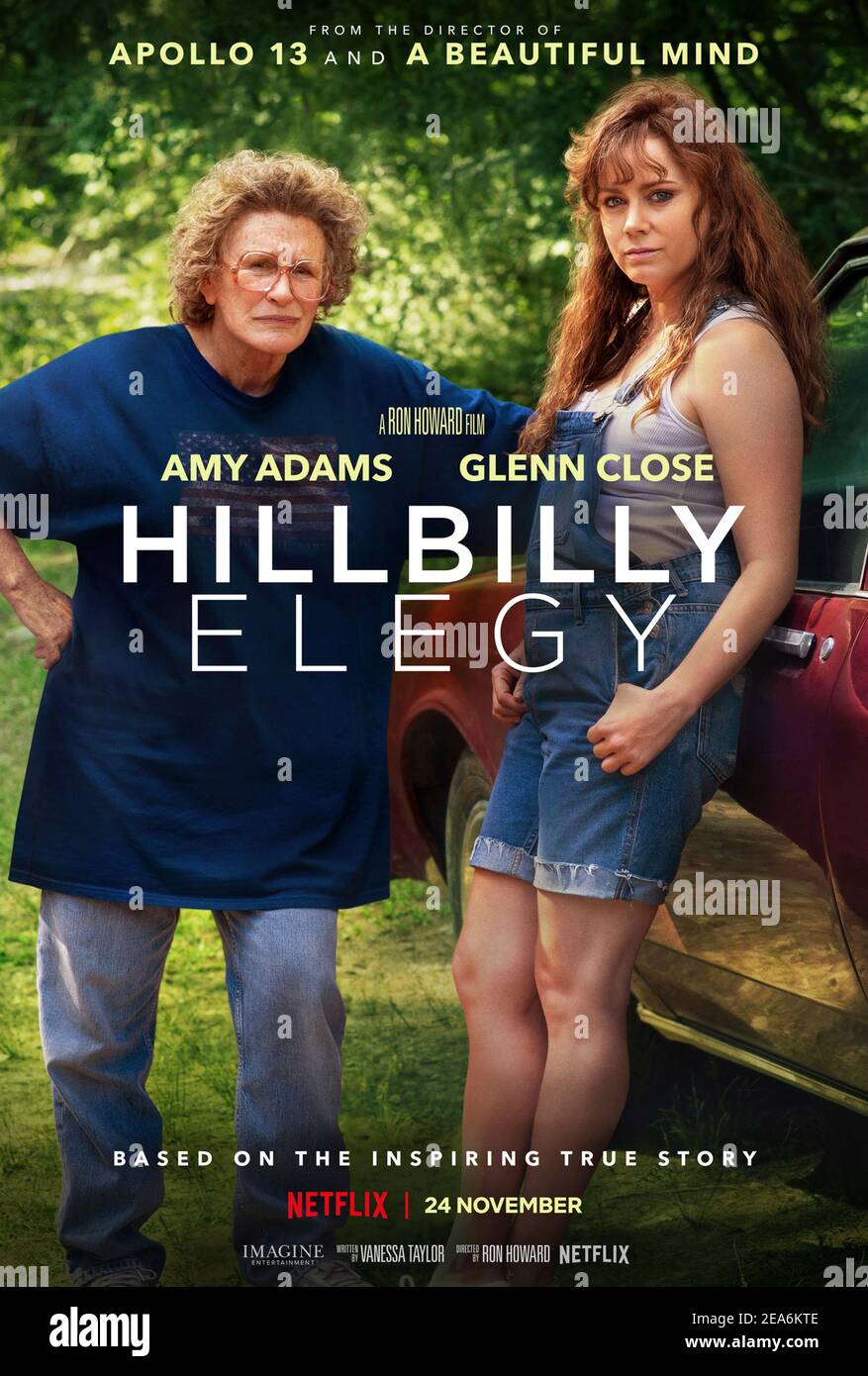 Hillbilly Elegy (2020) unter der Regie von Ron Howard mit Amy Adams, Glenn Close und Gabriel Basso. Ein dringender Anruf zieht einen Yale Law-Studenten zurück in seine Heimatstadt Ohio, wo er über drei Generationen Familiengeschichte und seine eigene Zukunft nachdenkt. Stockfoto