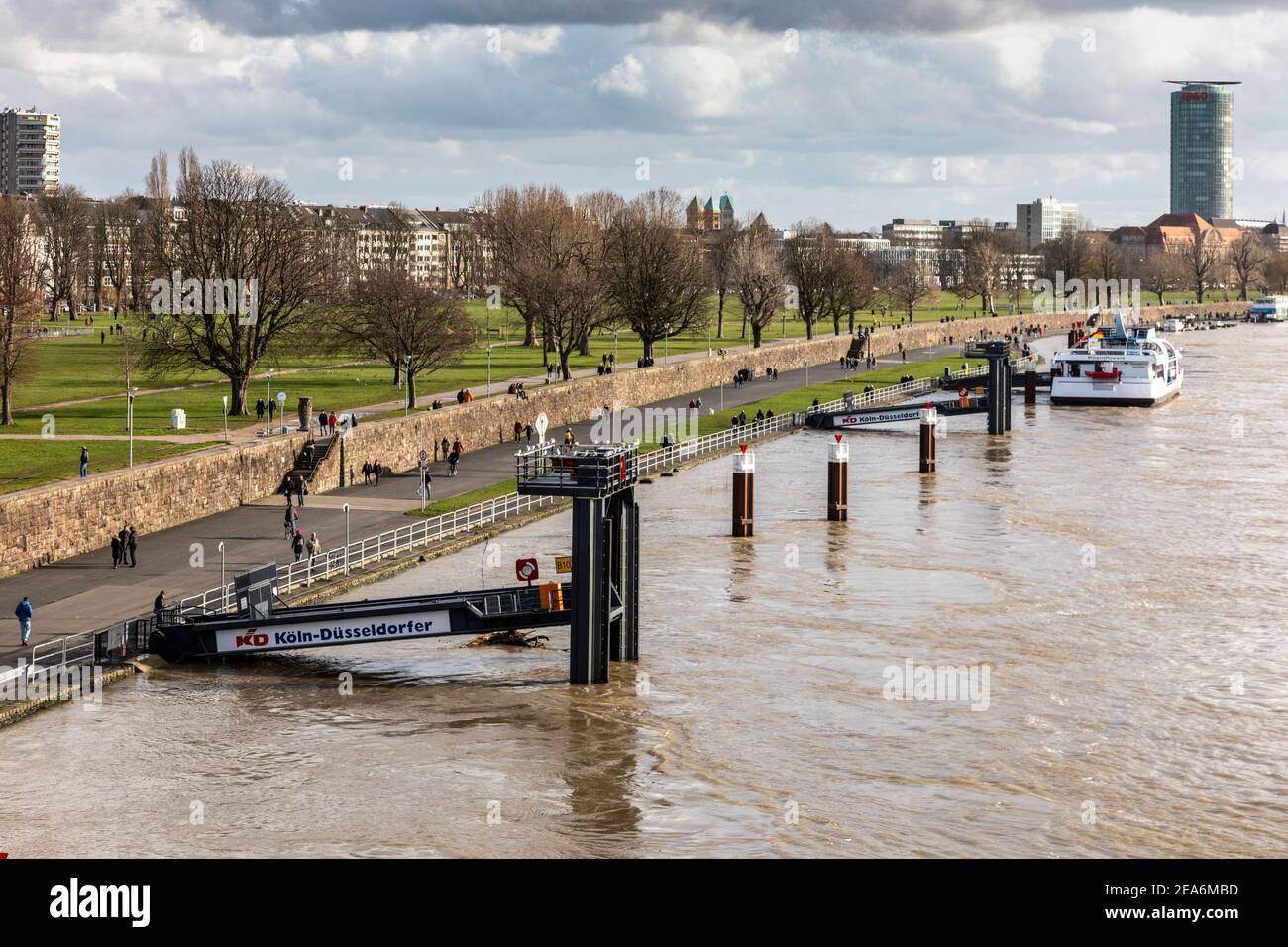 Hochwasser auf dem Rhein in Düsseldorf, KD Rheinschifffahrt Anlegestelle am Robert-Lehr-Ufer Stockfoto