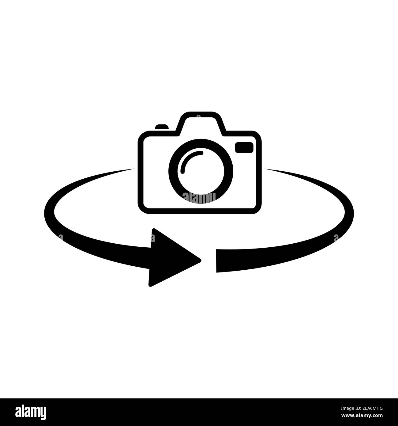 Drehungssymbol der Fotokamera. 360-Grad-Drehung. Schwarzes Kamerasymbol. Vektorgrafik. Stock Vektor