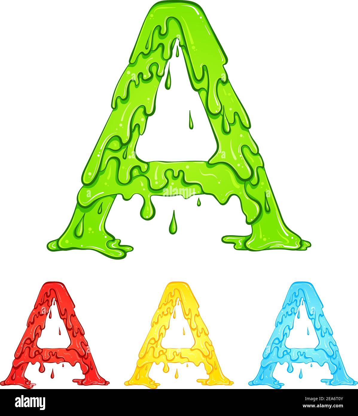 Buchstabe A mit Fliesstropfen und goo Spritzer. Farbdarstellung des Symbols A in vier Farben grün, rot, gelb, blau. Tropfende Flüssigkeit. Vektorschriftart im handgezeichneten Stil isoliert auf weißem Hintergrund. Stock Vektor