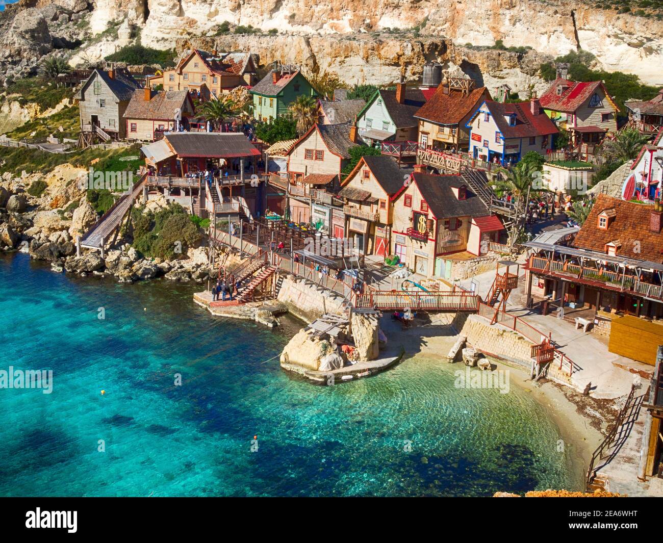 Luftaufnahme von Popeye Village, Malta Stockfoto