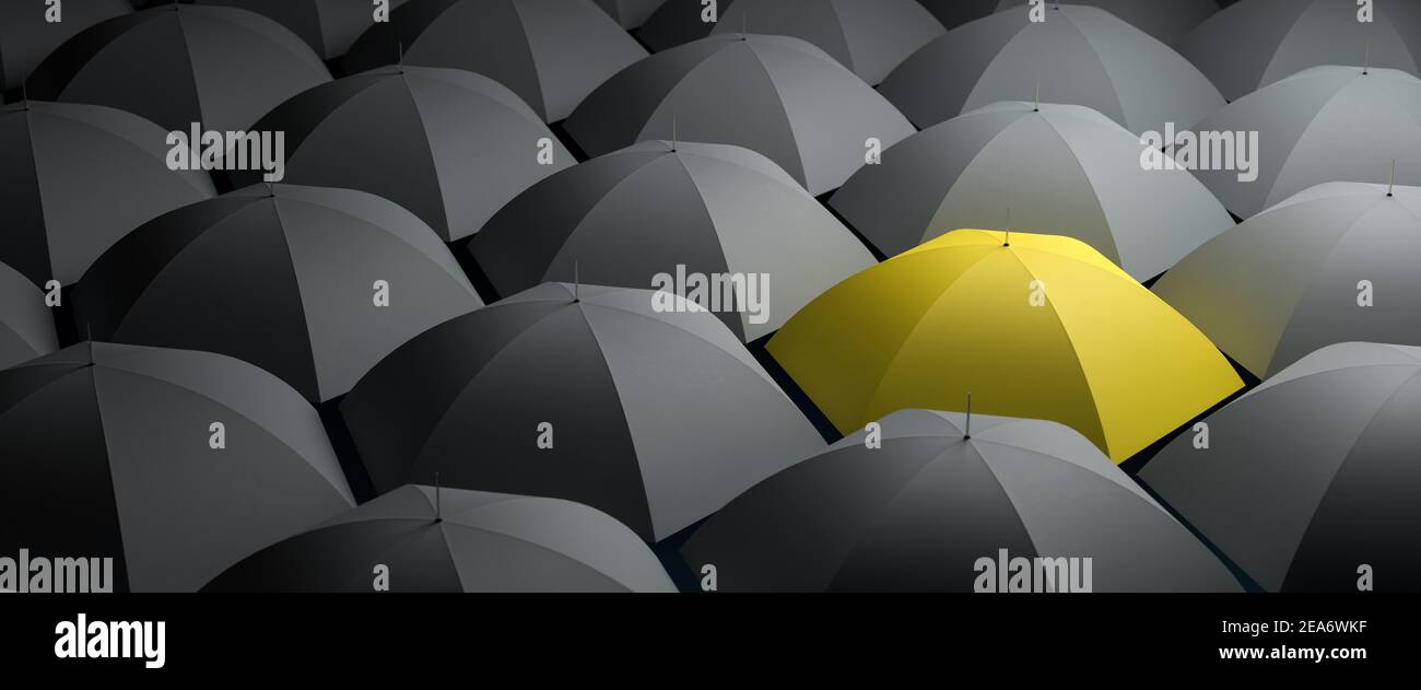 Farbe des Jahres 2021 - vom Crowd-Konzept abheben. Ein gelber Regenschirm in einem Meer von grauen Regenschirmen. Stockfoto