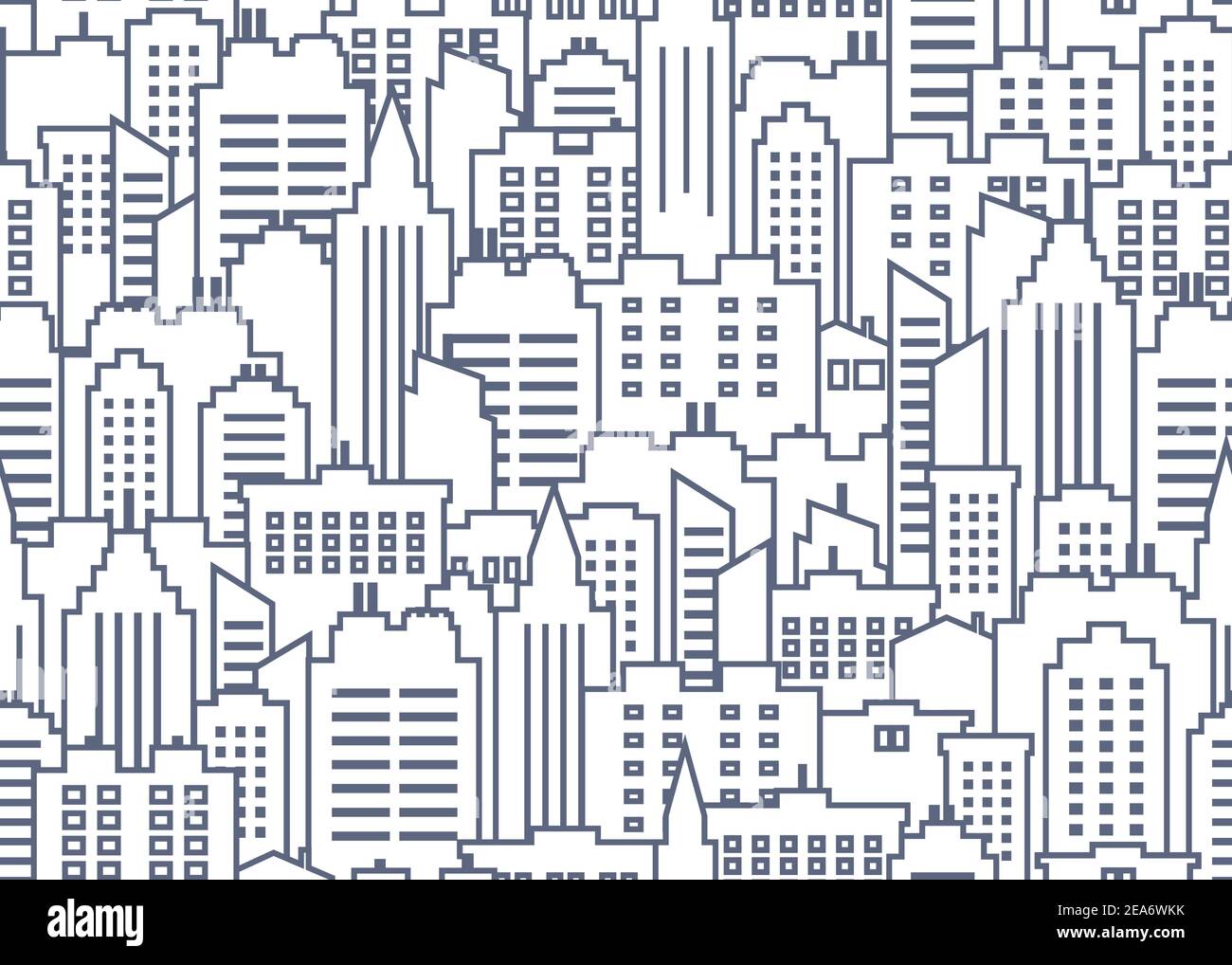 Stadtbild Nahtloses Muster. Dünne Linie Stadt Hintergrund. Innenstadtlandschaft mit hohen Wolkenkratzern. Panorama Architektur Stadt Landschaft Tapete Stock Vektor
