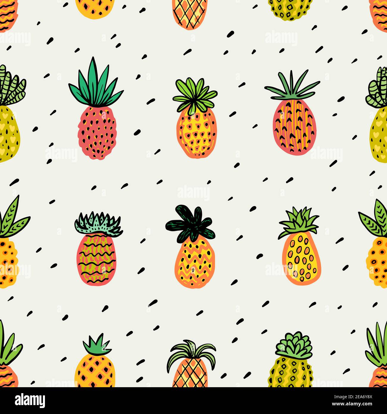 Nahtloses sonniges Ananasmuster. Dekorative Pinapple mit verschiedenen Texturen in warmen Farben. Exotische Früchte Hintergrund für Fashion Print Textil Stock Vektor
