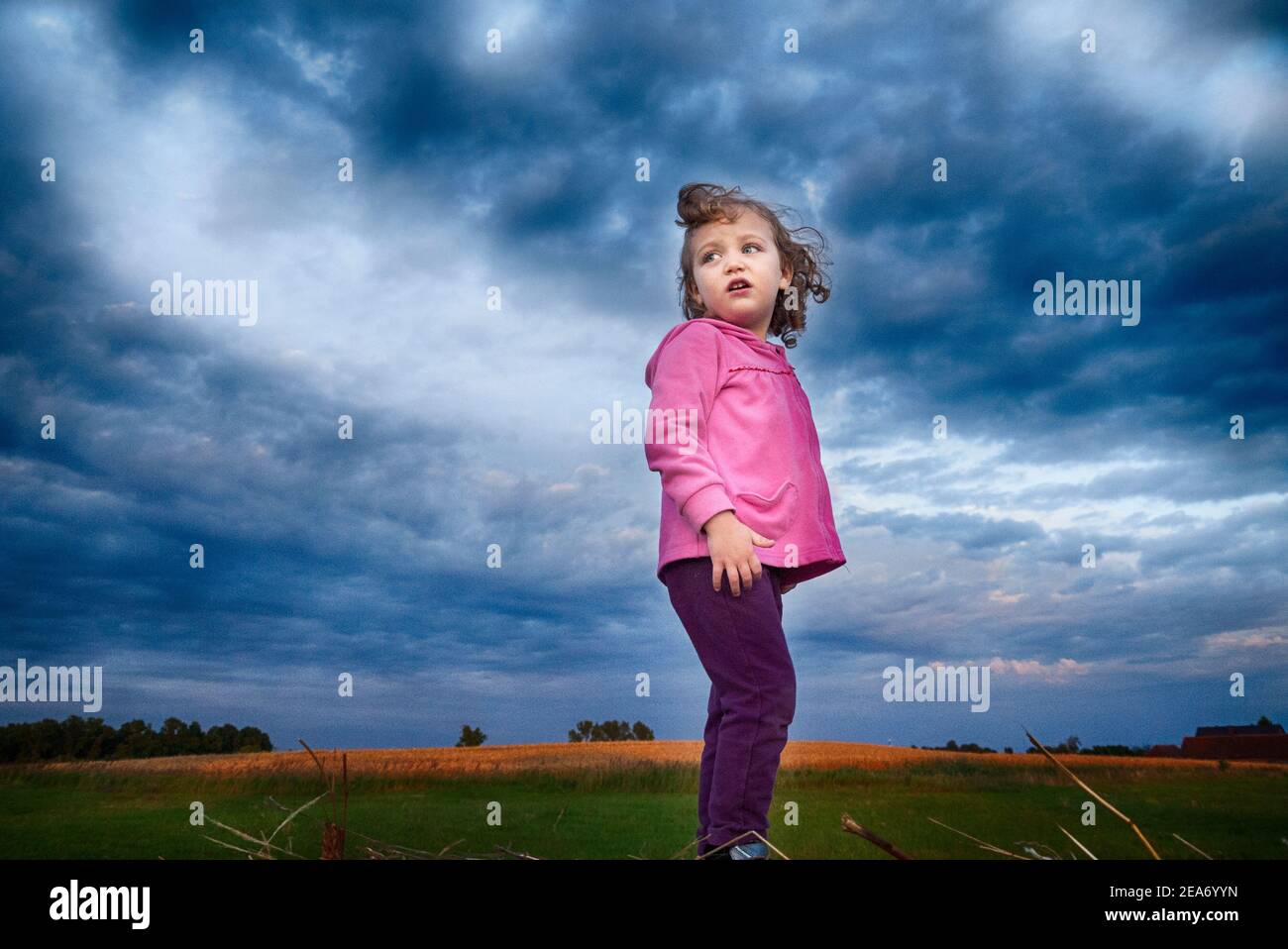 Porträt eines windgepeitschten Mädchens, das bei Sonnenuntergang auf einem Feld steht, Polen Stockfoto