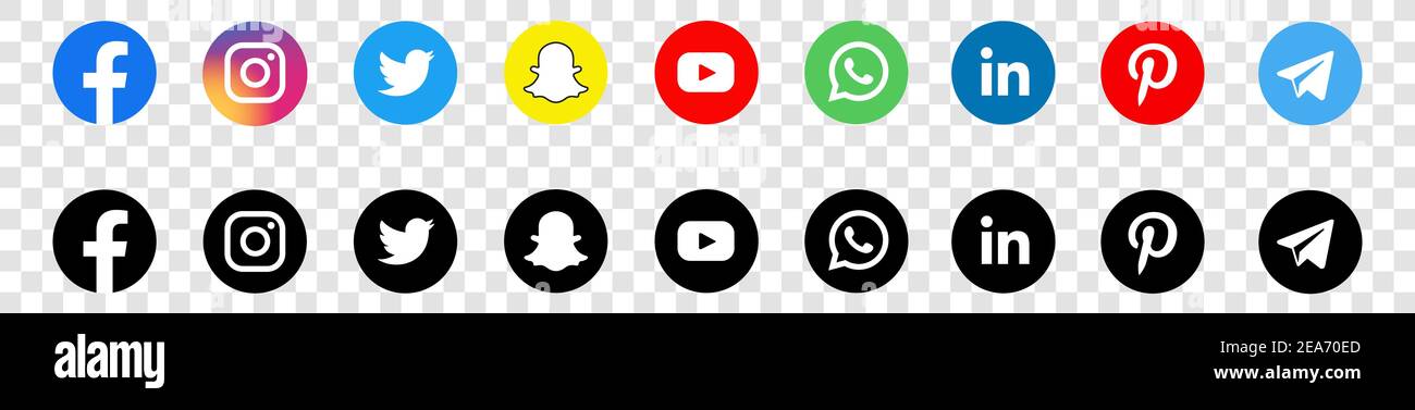 Symbole für soziale Medien. Schwarze farbige Icon Set Illustration. facebook twitter instagram, youtube, twitter, snapchat, pinterest, whatsap Symbol. Stock Vektor