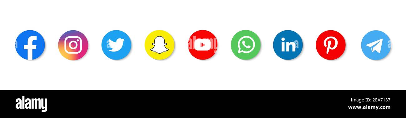 Symbole für soziale Medien. Schwarze farbige Icon Set Illustration. facebook twitter instagram, youtube, twitter, snapchat, pinterest, whatsap Symbol. Stock Vektor