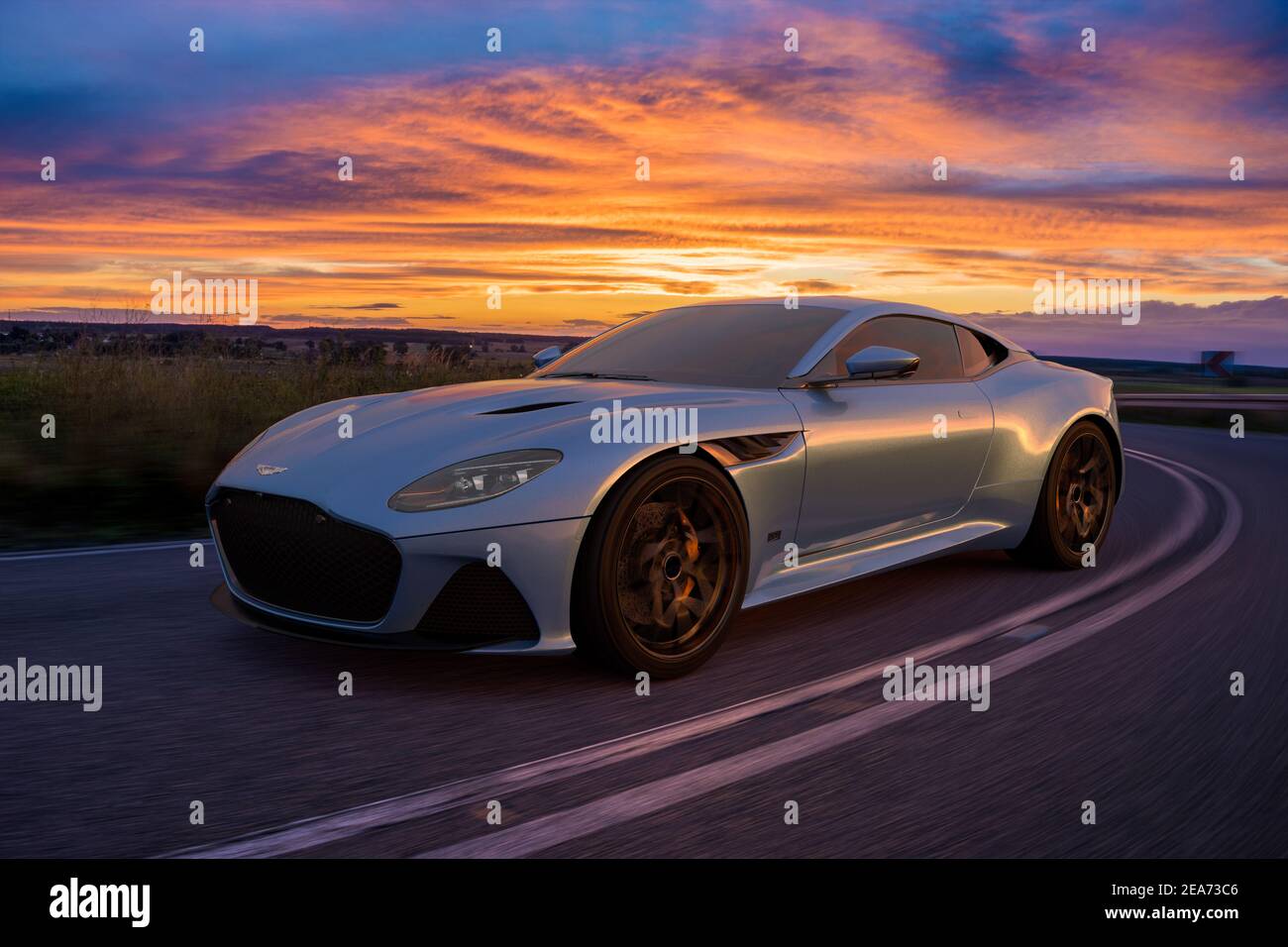 Aston Martin DBS superleggera auf einer malerischen Straße bei Sonnenuntergang Stockfoto
