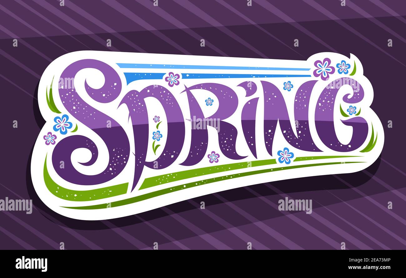 Vektor-Logo für den Frühling, weißes Abzeichen mit einzigartigen lockigen kalligraphischen Schrift und dekorative Schnörkel, Illustration von Frühlingsblumen, Grußkarte mit Stock Vektor