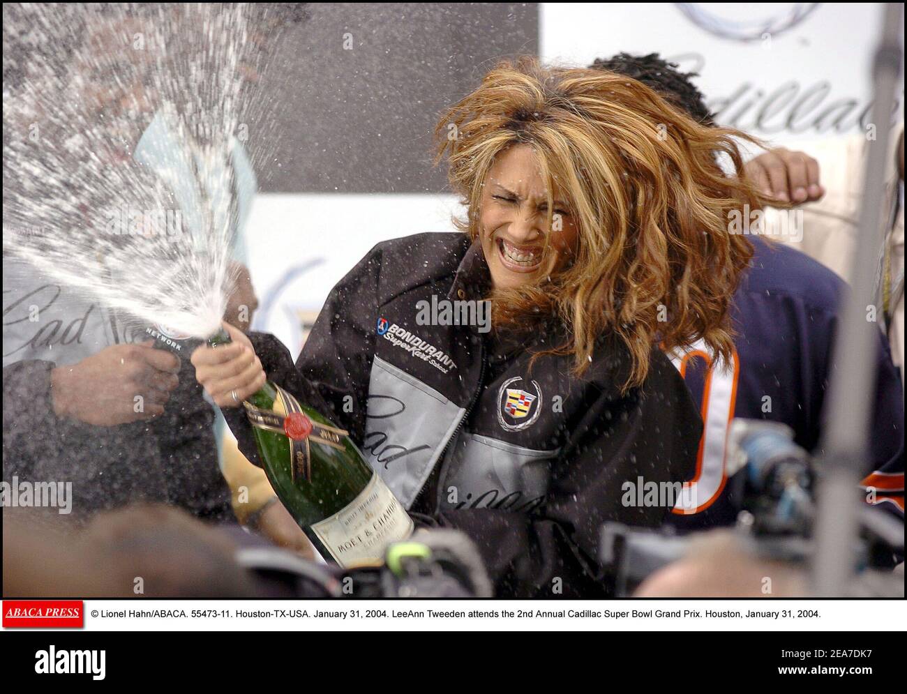 © Lionel Hahn/ABACA. 55473-11. Houston-TX-USA. Januar 31, 2004. Leeann Tweeden nimmt am jährlichen Cadillac Super Bowl Grand Prix 2nd Teil. Houston, 31. Januar 2004. Stockfoto