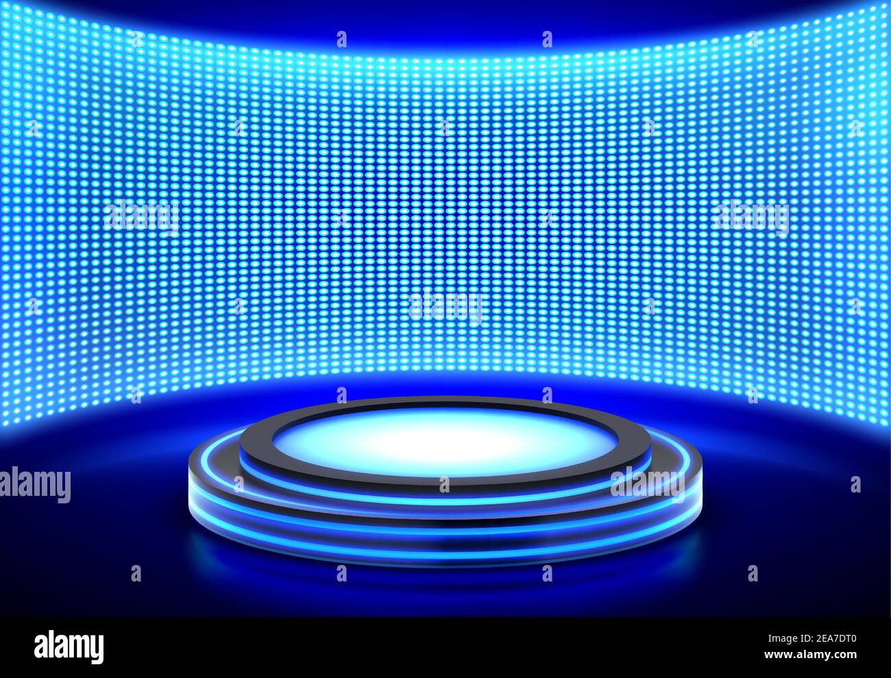 Neon Podium, leere Bühne bei LED-Video-Wand-Bildschirm, Sockel für Produktpräsentation oder Modenschau Performance, Tanzfläche, leuchtend beleuchtet blau runde Szene, realistische 3D Vektor-Illustration Stock Vektor