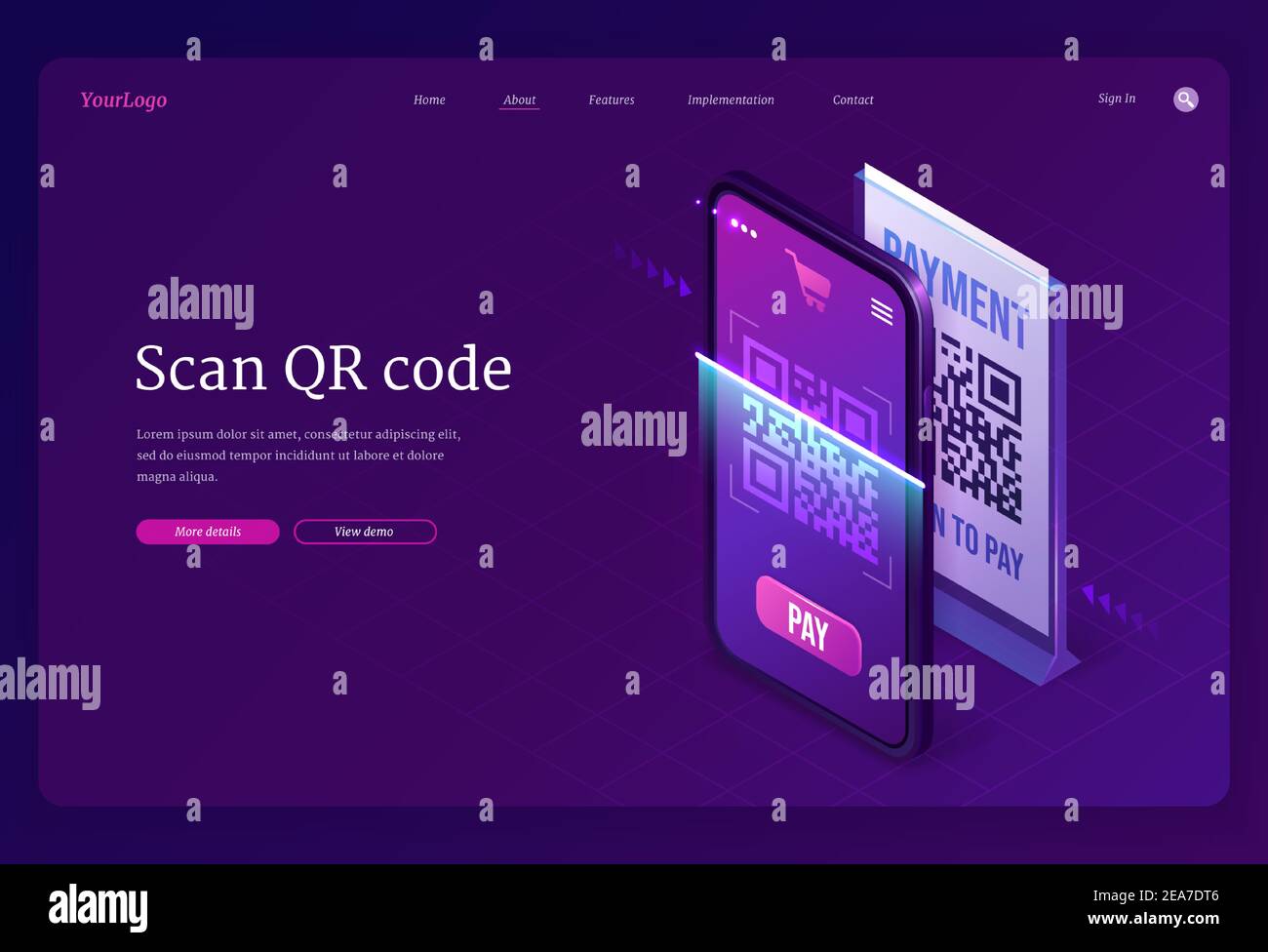 Scan QR Code Verification Service isometrische Landing Page, maschinenlesbarer Barcode auf Smartphone-Bildschirm. Mobile App für Internet-Geschäft, Informationen, bargeldlose Online-Zahlung 3D Vektor-Web-Banner Stock Vektor