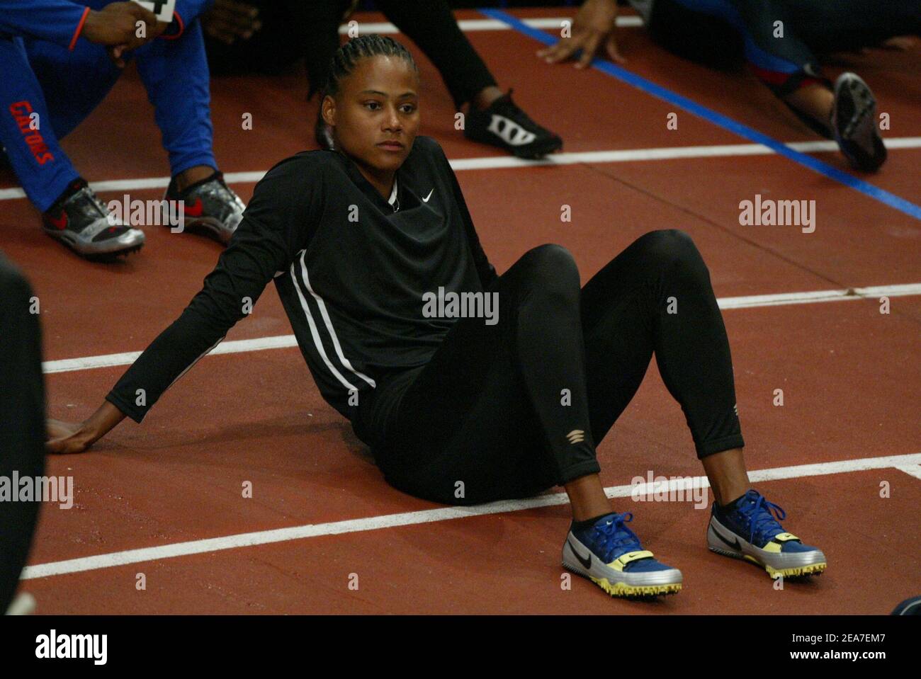 New York, NY, USA, 6. Februar 2004. Nach zwei Jahren ohne Konkurrenz ist Marion Jones wieder auf der Strecke. Die US-Athletin gewann die 60 Meter der Frauen bei den Verizon Millrose Games im Madison Square Garden. (Bild: Marion Jones) Foto von Antoine CAU - Cedric Eibeinder/ABACA. Stockfoto