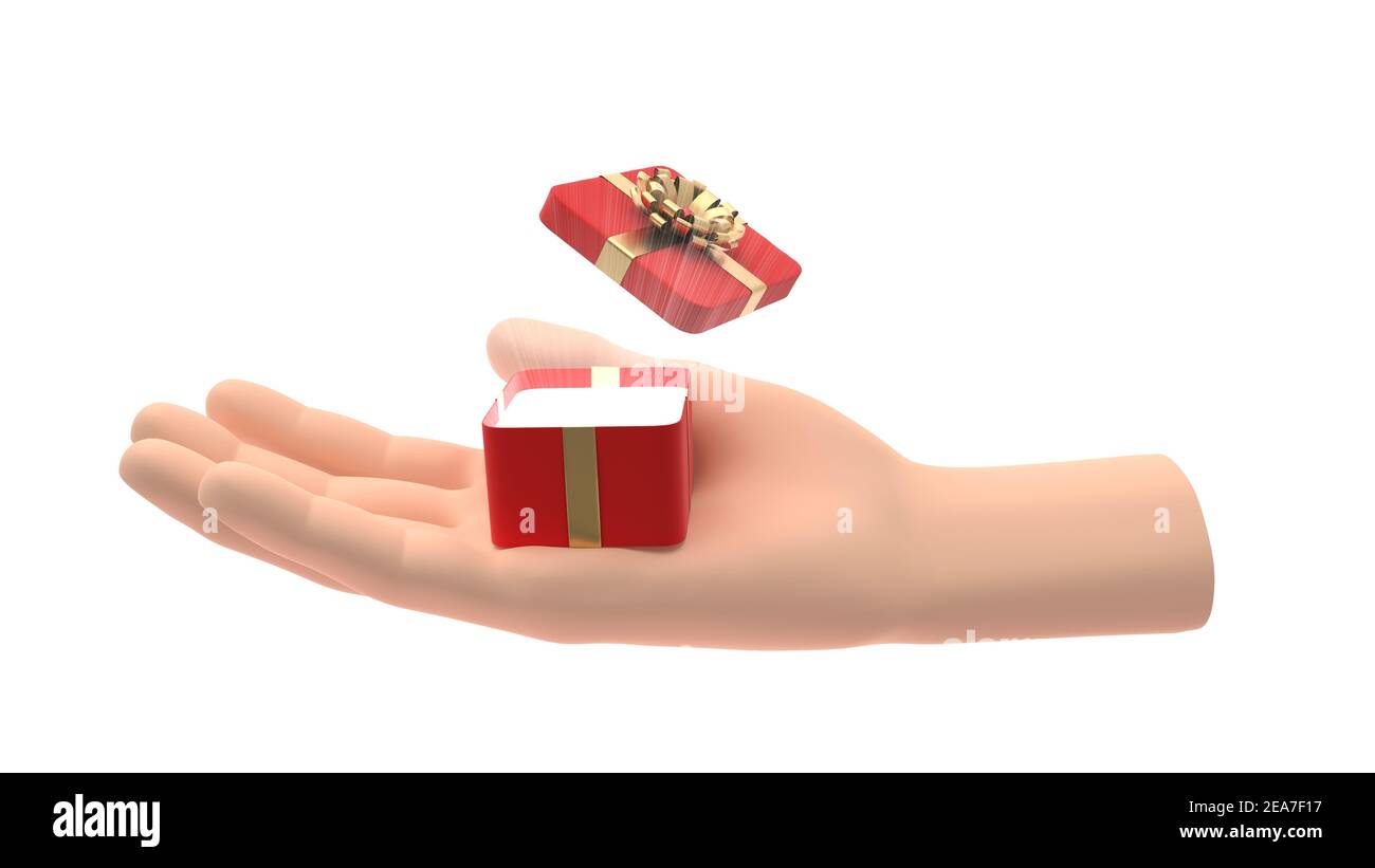 Eine Hand, die ein kleines rotes Geschenk mit einem goldenen Band hält. Geschäftskonzept. Die Geschenkbox mit dem Bogen ist offen und es gibt Lichtstrahlen von ihr. 3D Rendern Stockfoto