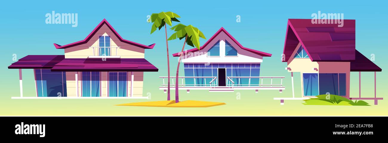 Sommerhäuser, Bungalows am Meeresstrand, tropische Hotelarchitektur und Palmen. Vector Cartoon Set von modernen Villen für Urlaub und Resort auf exotischen Insel im Meer isoliert auf blauem Hintergrund Stock Vektor