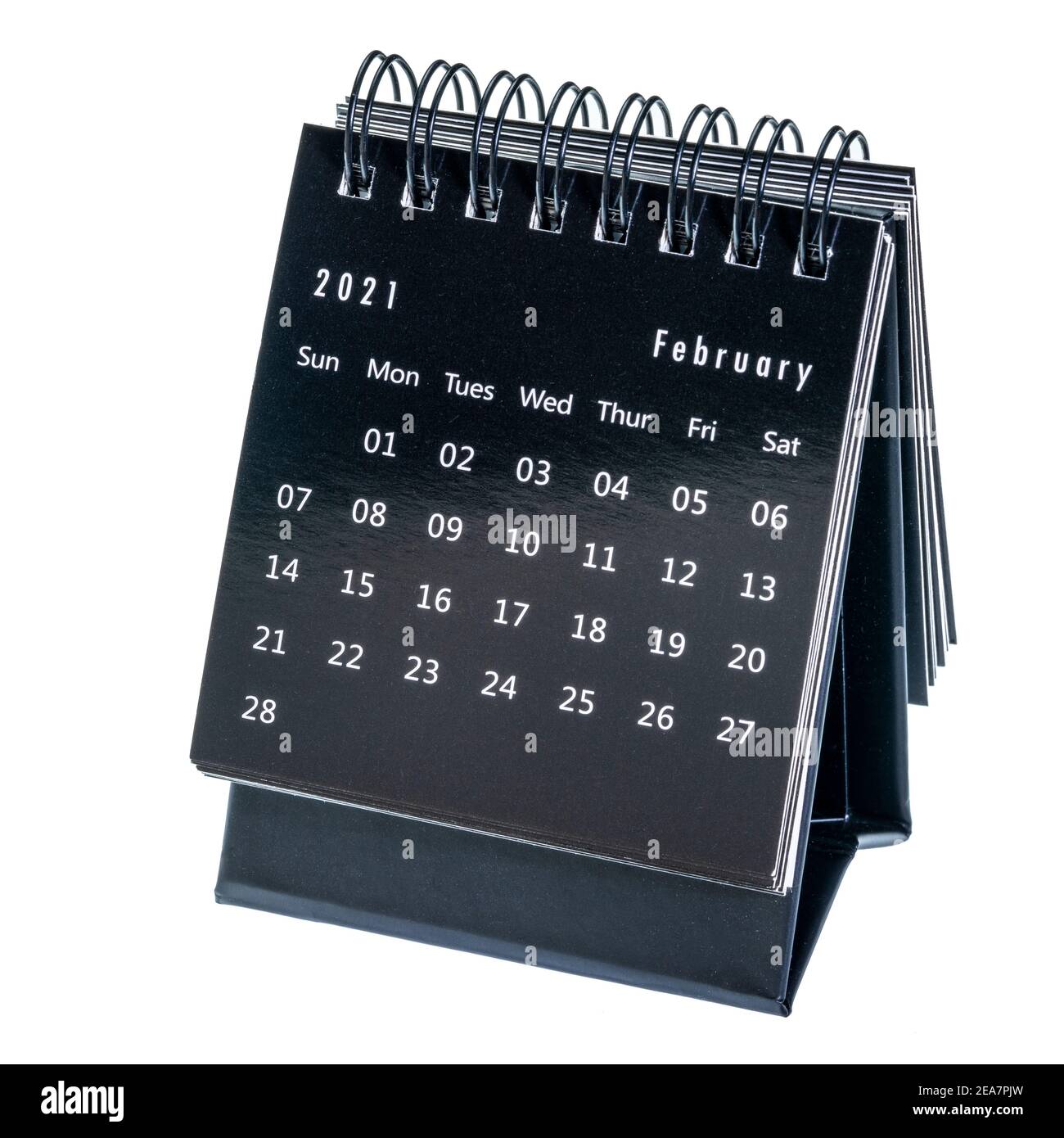 Februar 2021 – Spiral Desktop Kalender isoliert auf Weiß, Zeit und Geschäftskonzept Stockfoto