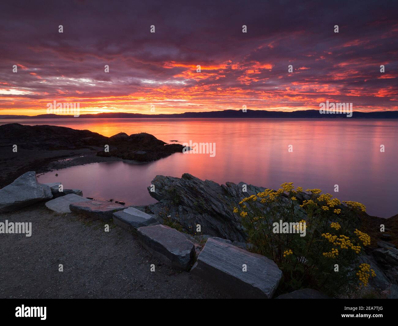 Sonnenuntergang Licht und Himmel. Farbenfrohe, erstaunliche Wolken. Küstenlinie des norwegischen Fjords. Sommerliche Abendstimmung. Stockfoto