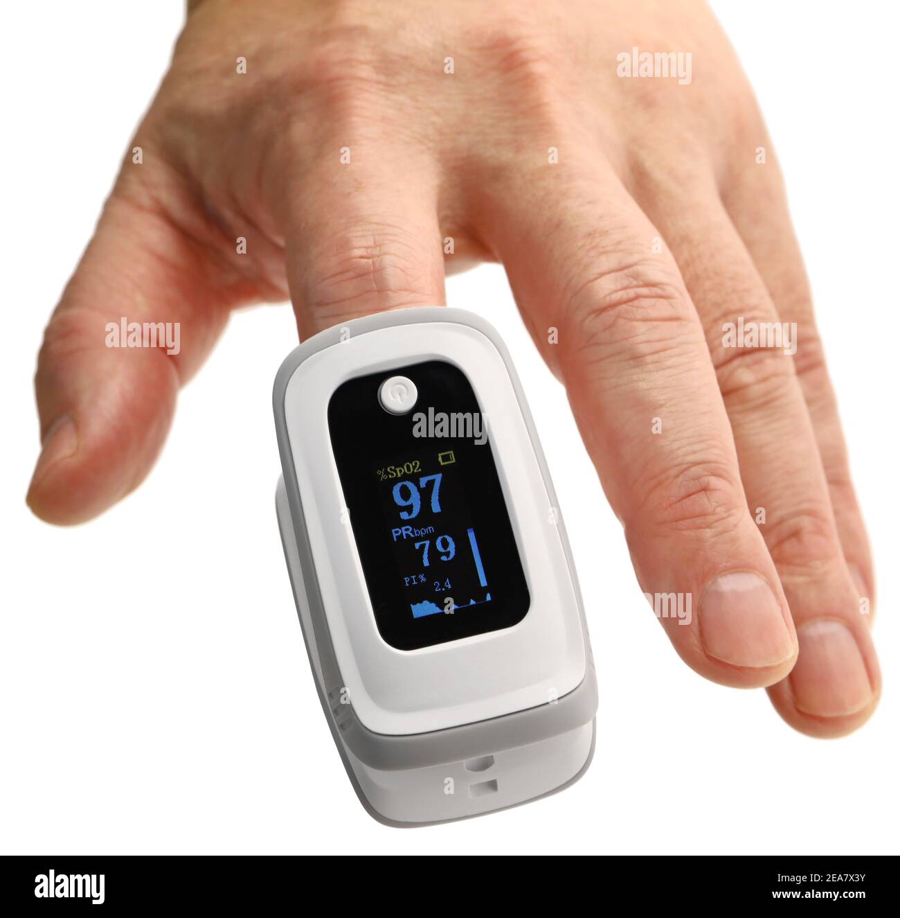 Messung der Sauerstoffsättigung im Blut durch Anbringen des Pulsoximeters an der Fingerspitze, um zu sehen, ob eine Lungenentzündung aufgrund des neuen Coronavirus vorhanden ist. Stockfoto