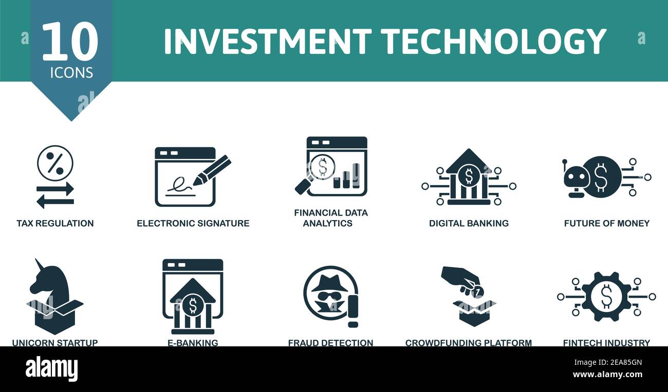 Symbolsatz für Investitionstechnologie. Sammlung enthalten Online-Darlehen, Steuerregulierung, Finanzdatenanalyse, digitales Banking, Zukunft des Geldes und mehr Stock Vektor