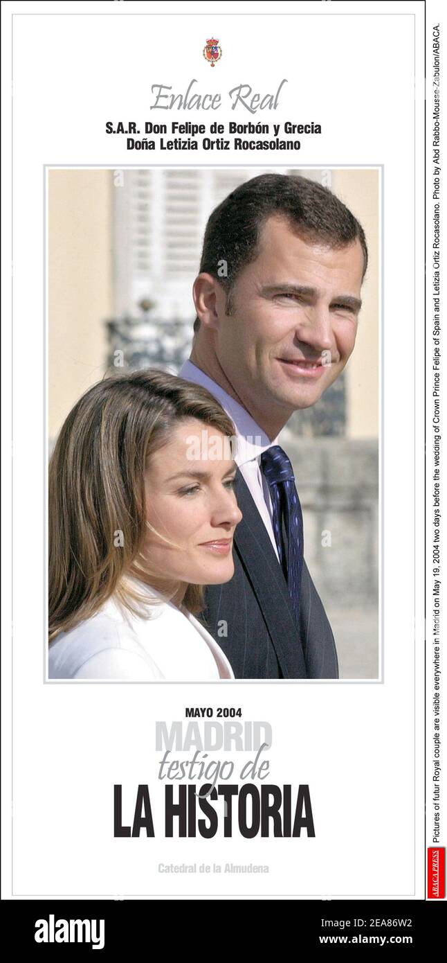 Am 19. Mai 2004, zwei Tage vor der Hochzeit von Kronprinz Felipe von Spanien und Letizia Ortiz Rocasolano, sind überall in Madrid Bilder des zukünftigen Königspaares zu sehen. Foto von Abd Rabbo-Mousse-Zabulon/ABACA. Stockfoto