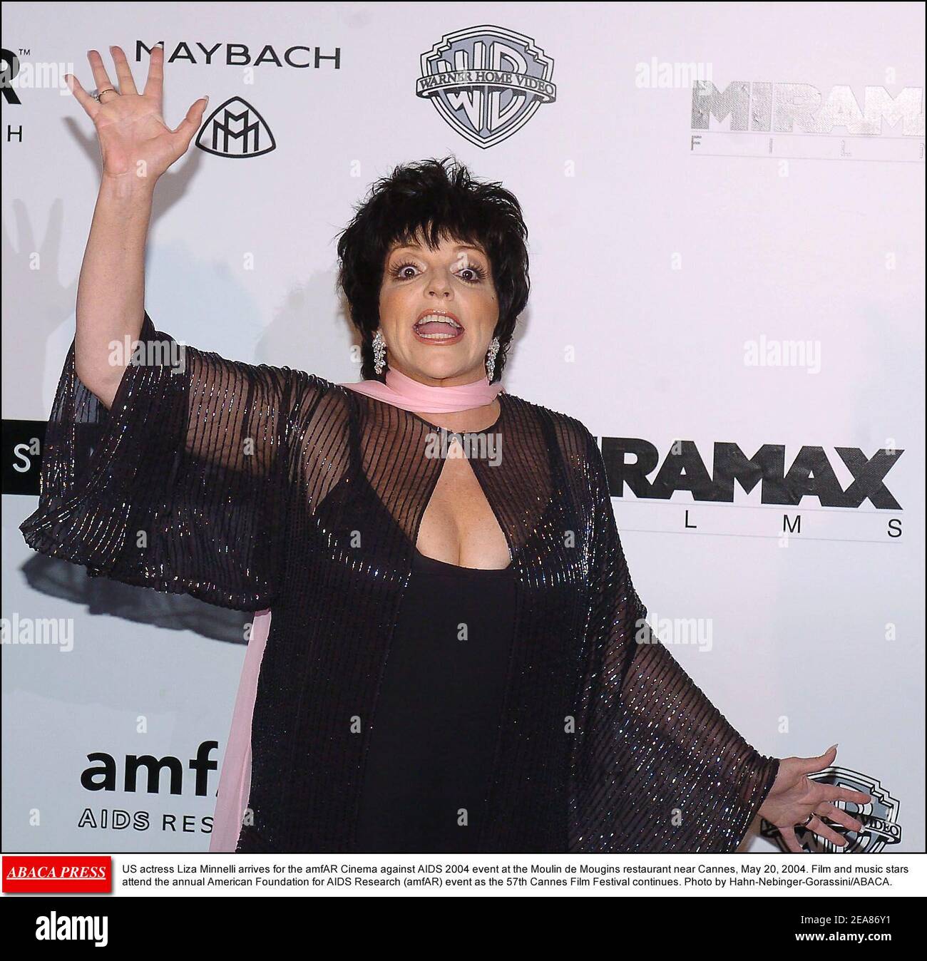 DIE US-Schauspielerin Liza Minnelli kommt am 20. Mai 2004 zur Veranstaltung amfAR Cinema Against AIDS 2004 im Restaurant Moulin de Mougins in der Nähe von Cannes. Film- und Musikstars nehmen an der jährlichen Veranstaltung der American Foundation for AIDS Research (amfAR) Teil, während die Filmfestspiele von Cannes 57th fortgesetzt werden. Foto von Hahn-Nebinger-Gorassini/ABACA. Stockfoto