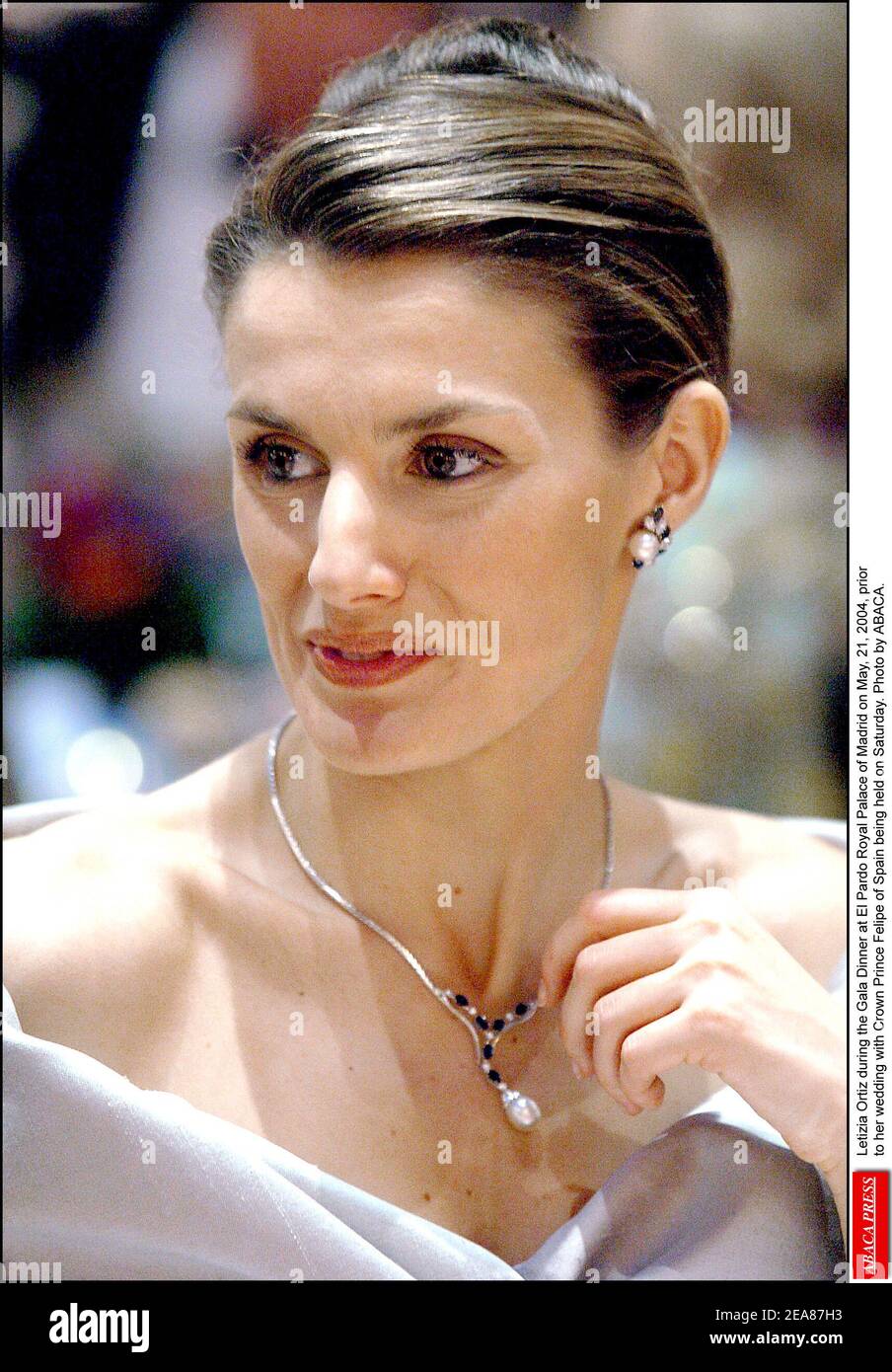 Letizia Ortiz während des Galadinners im Königspalast El Pardo von Madrid am 21. Mai 2004, bevor ihre Hochzeit mit Kronprinz Felipe von Spanien am Samstag stattfand. Foto von ABACA. Stockfoto