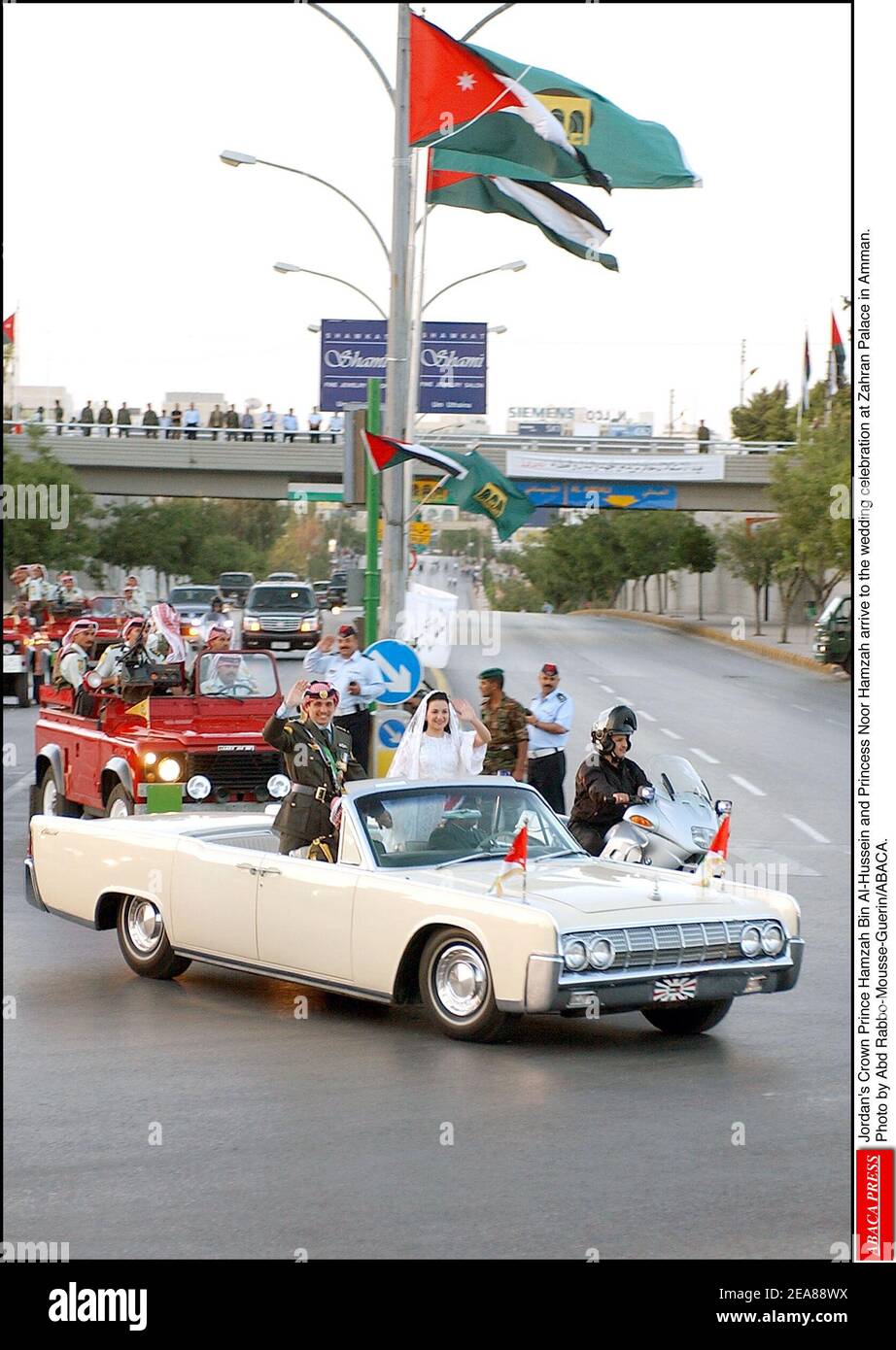 Jordaniens Kronprinz Hamzah bin Al-Hussein und Prinzessin Noor Hamzah kommen zur Hochzeitsfeier im Zahran Palast in Amman. Foto von Abd Rabbo-Mousse-Guerin/ABACA. Stockfoto