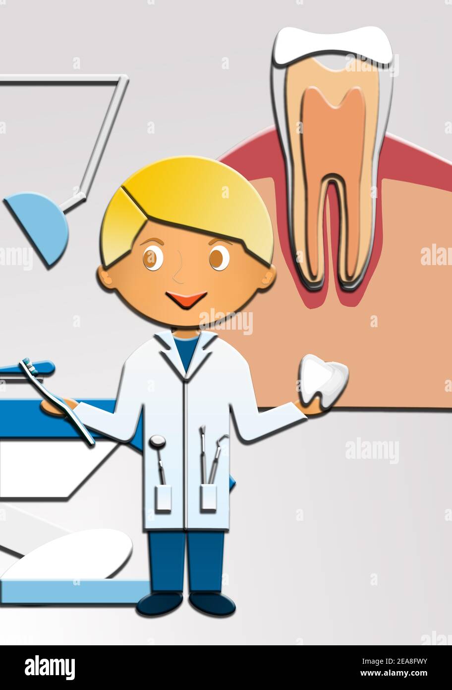 Karikatur eines niedlichen glücklichen Zahnarzt, hält einen Zahn und eine Zahnbürste. Diese Illustration ist Teil einer Sammlung verschiedener Berufe. Stockfoto