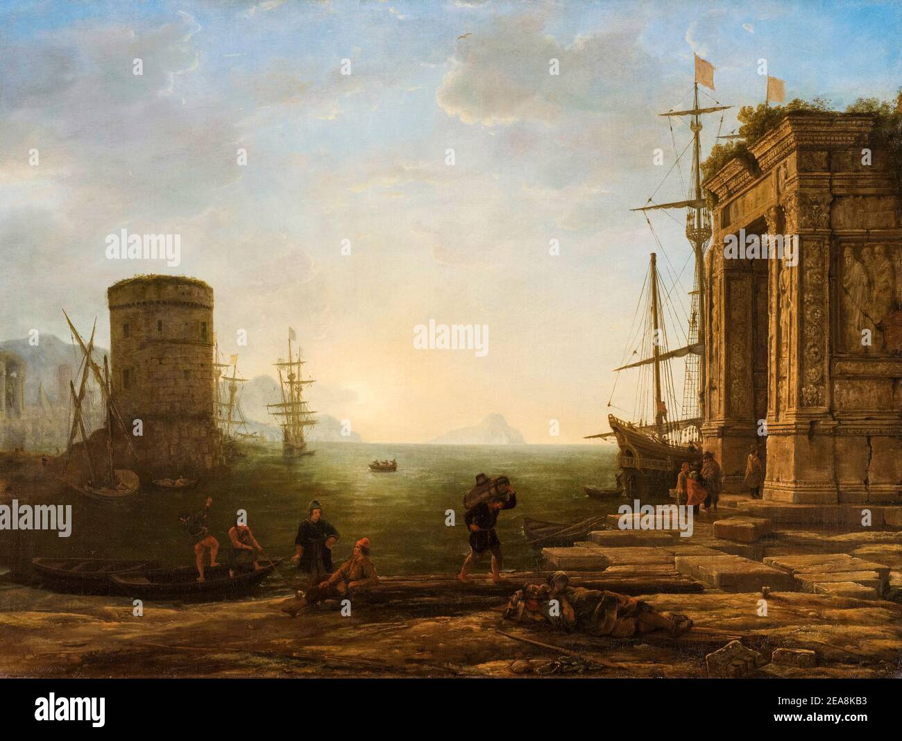 Hafen bei Sonnenaufgang, Landschaftsmalerei von Claude Lorrain, 1637-1638 Stockfoto