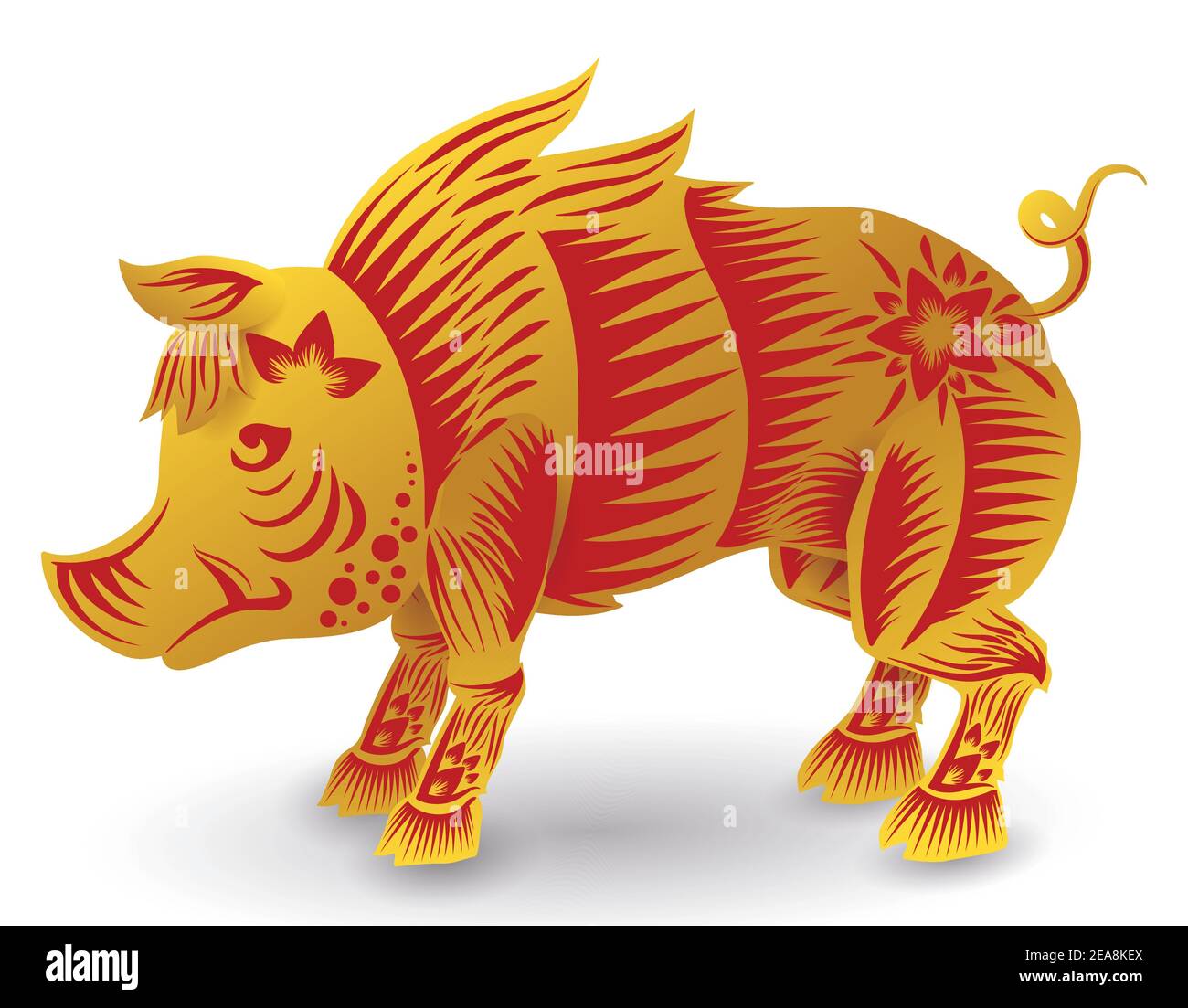 Tapferes Schwein oder Wildschwein des chinesischen Tierkreises mit heftigen Stoßzähnen in goldenen und roten Farben, isoliert auf weißem Hintergrund. Stock Vektor