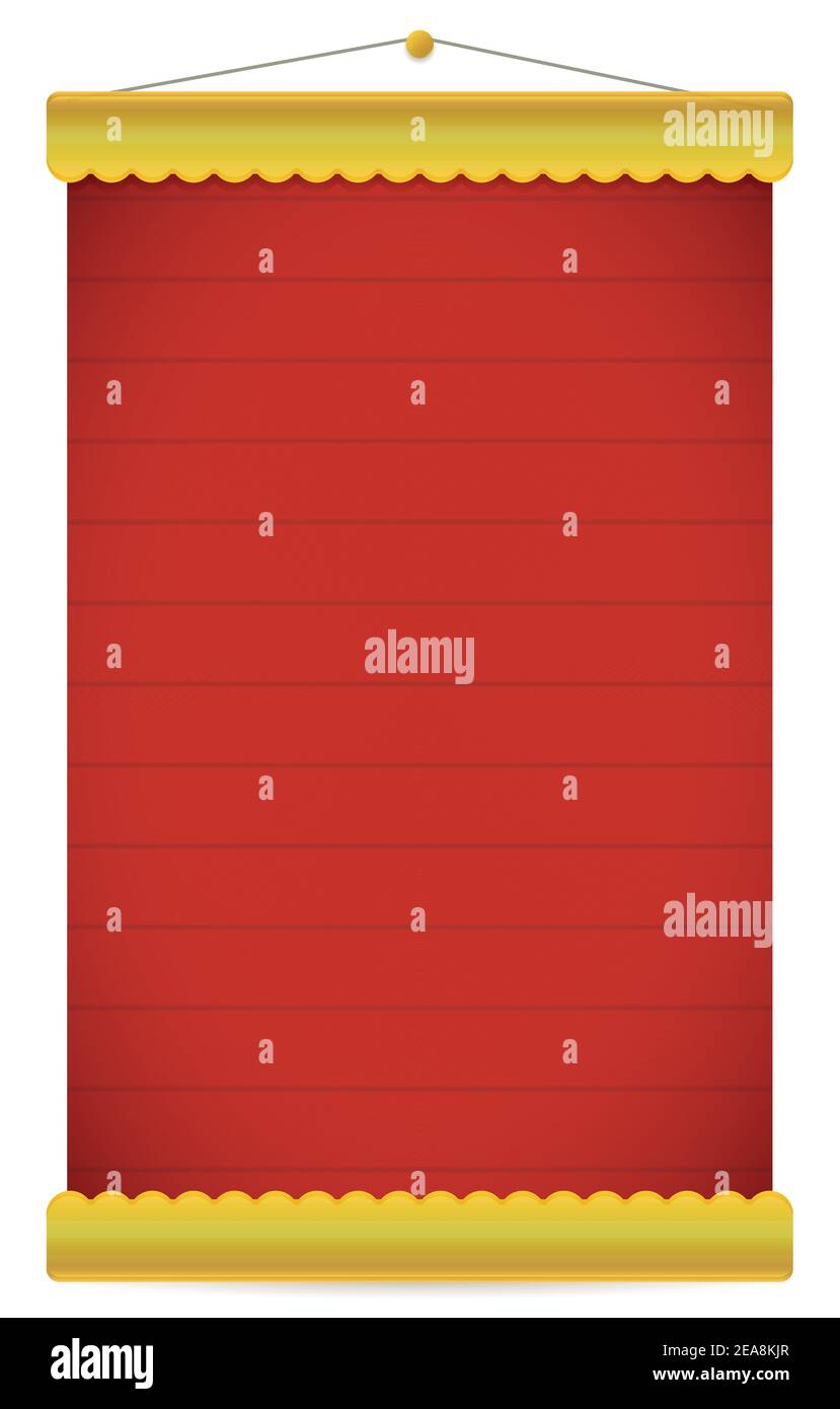 Rot hängende Schriftrolle Vorlage mit goldenen Rändern und Stift, isoliert auf weißem Hintergrund. Stock Vektor