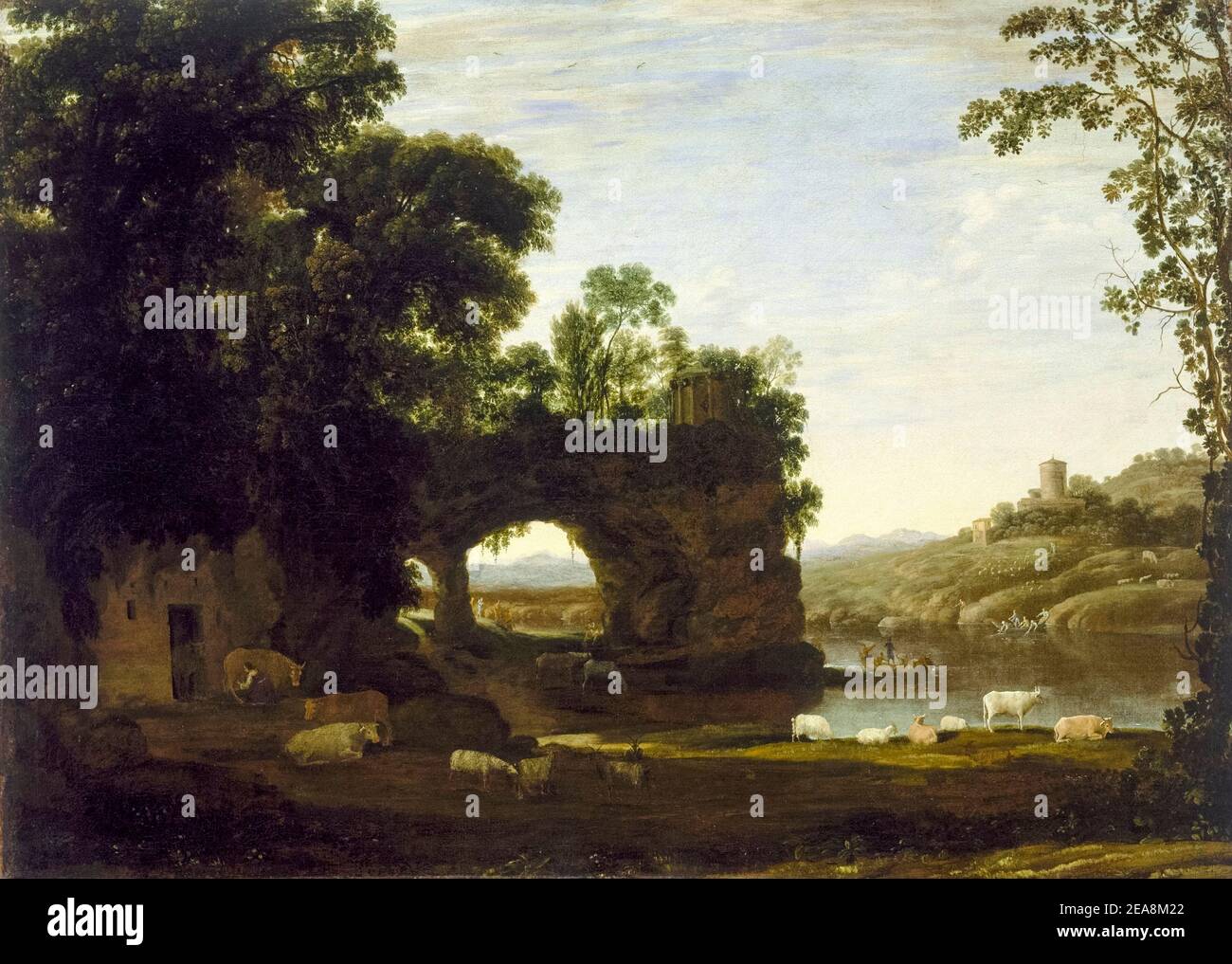 Claude Lorrain, Landschaft mit Felsbogen und Fluss, Gemälde, 1626-1632 Stockfoto