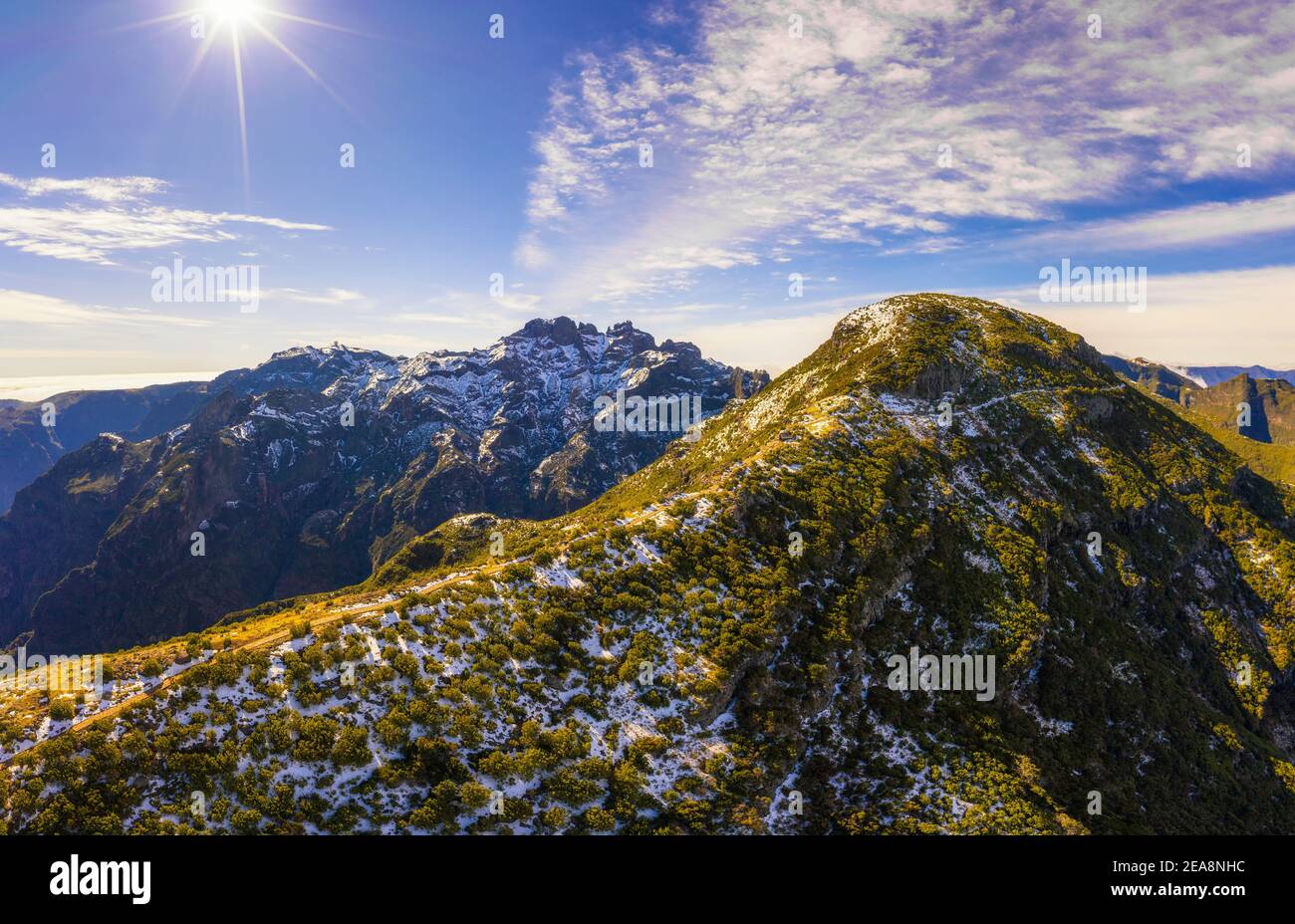 Luftaufnahme des Fußweges zum Pico Ruivo in Madeira, Portugal Stockfoto