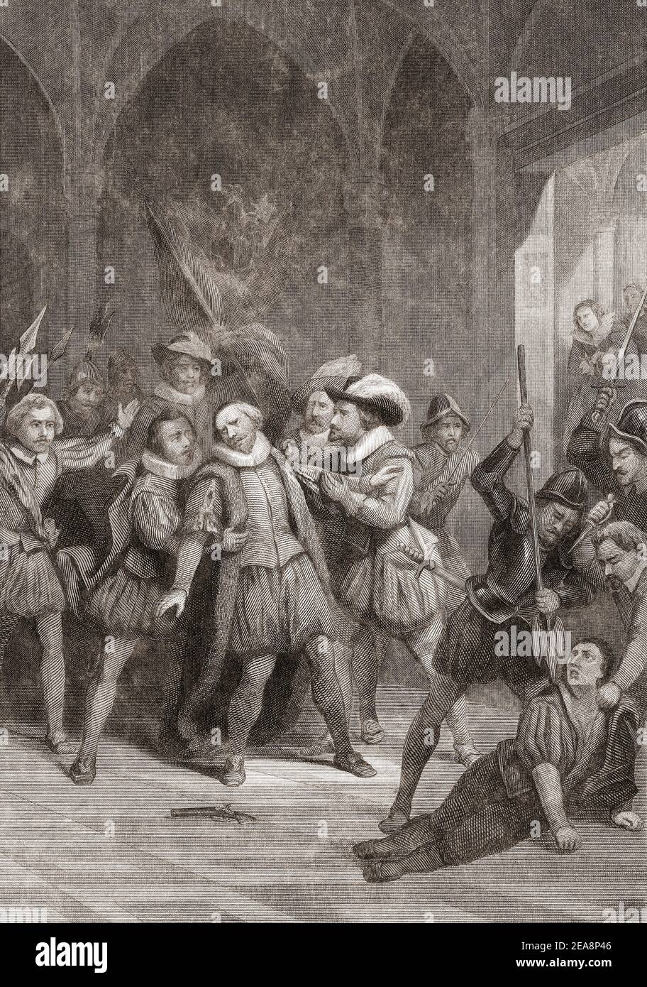 Attentat auf William, Prinz von Oranien von Juan de Jáuregui in Antwerpen, 18. März 1582. Juan de Jáuregui wurde von den Wachen des Prinzen getötet. William überlebte diesen Versuch nur zwei Jahre später, am 10. Juli 1584, ermordet zu werden. Wilhelm von Orange, 1533 - 1584. Nach einem 19th. Jahrhundert Werk von Jan Reckleben. Stockfoto
